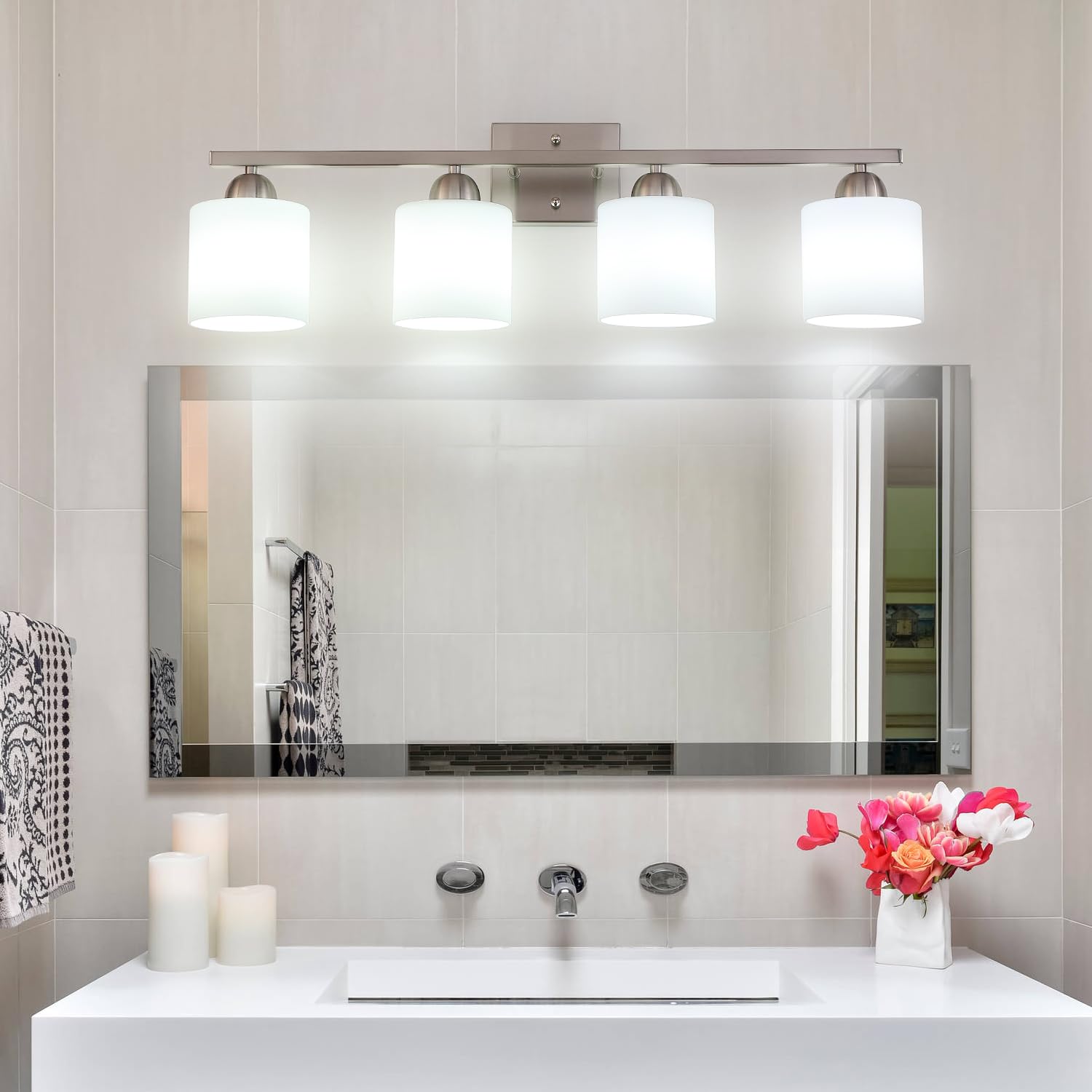 Mecgirn Stainless Steel Bathroom Vanity Light, 4 Light, Brushed Nickel, Model B0003-4, Frosted Glass Wall Mount Fixtures