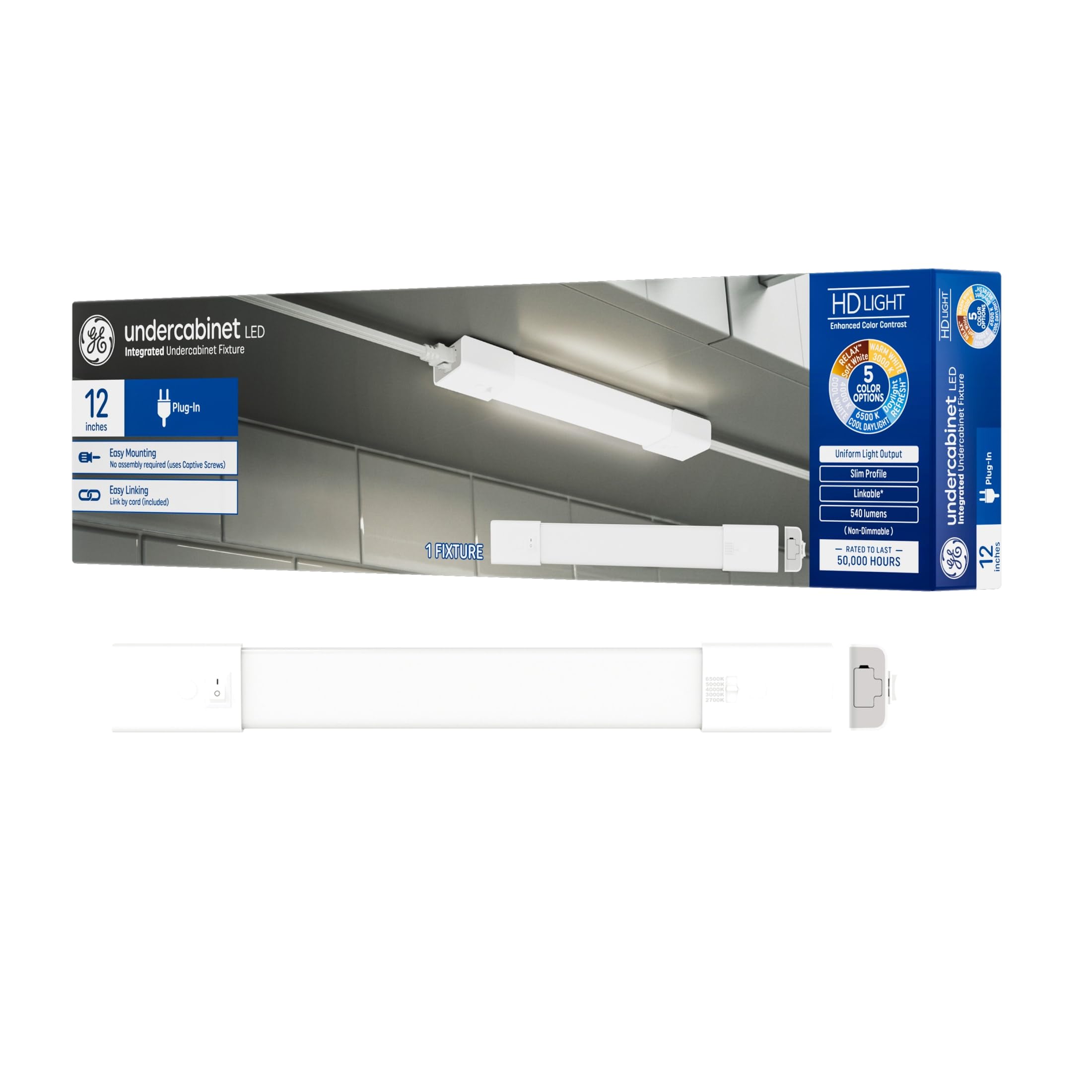 GE LED HD+ Undercabinet Light Fixture  Linkable Integrated Slim Profile Fixture for Kitchens  High Definition Light in 5 Color Temperatures  Plug-in  12in (1 Pack)