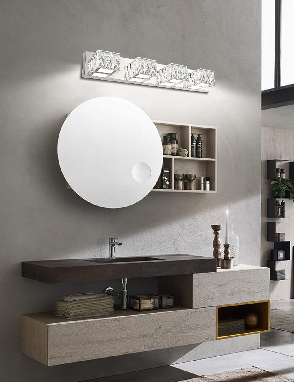ZUZITO 4-Light Bathroom Vanity Light - Chrome Stainless Steel, Dimmable, 27.6" Size, Modern Crystal Design, Model Z7800-4T-6000k