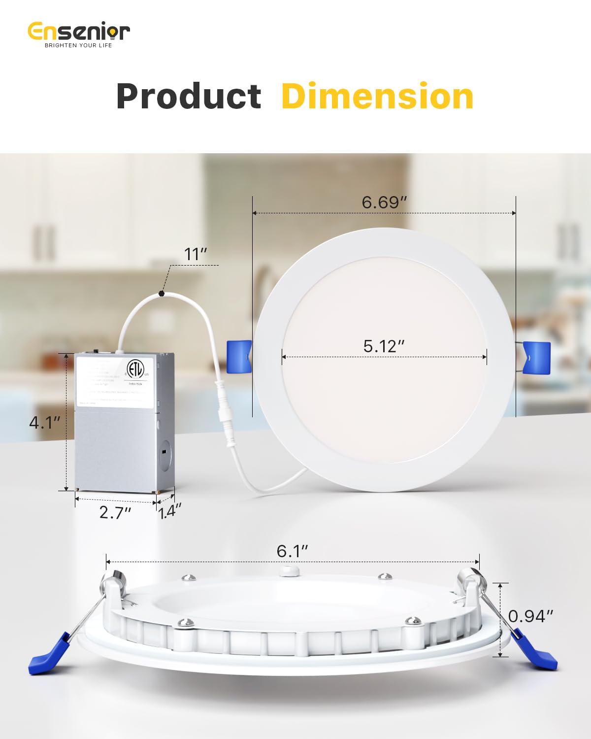 Ensenior 6 Inch Dimmable LED Recessed Light, 2700K-5000K 5CCT, 1200LM, Ultra-Thin Canless, Damp Rated