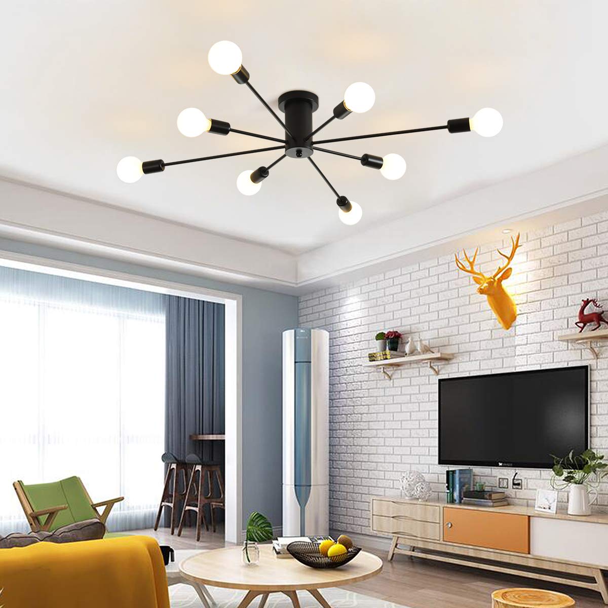 Garwarm 8-Light Sputnik Chandelier, Black Metal, Industrial Semi Flush Mount, Mid Century Modern, Model 8080-8-Black