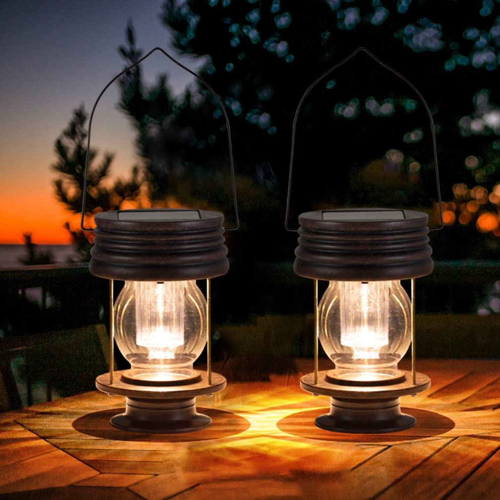 Solar Lanterns Outdoor Waterproof - 8.3 Bright Large Solar Hanging Lights - 2 Pack Solar Powered Led Metal Retro Lights Great De