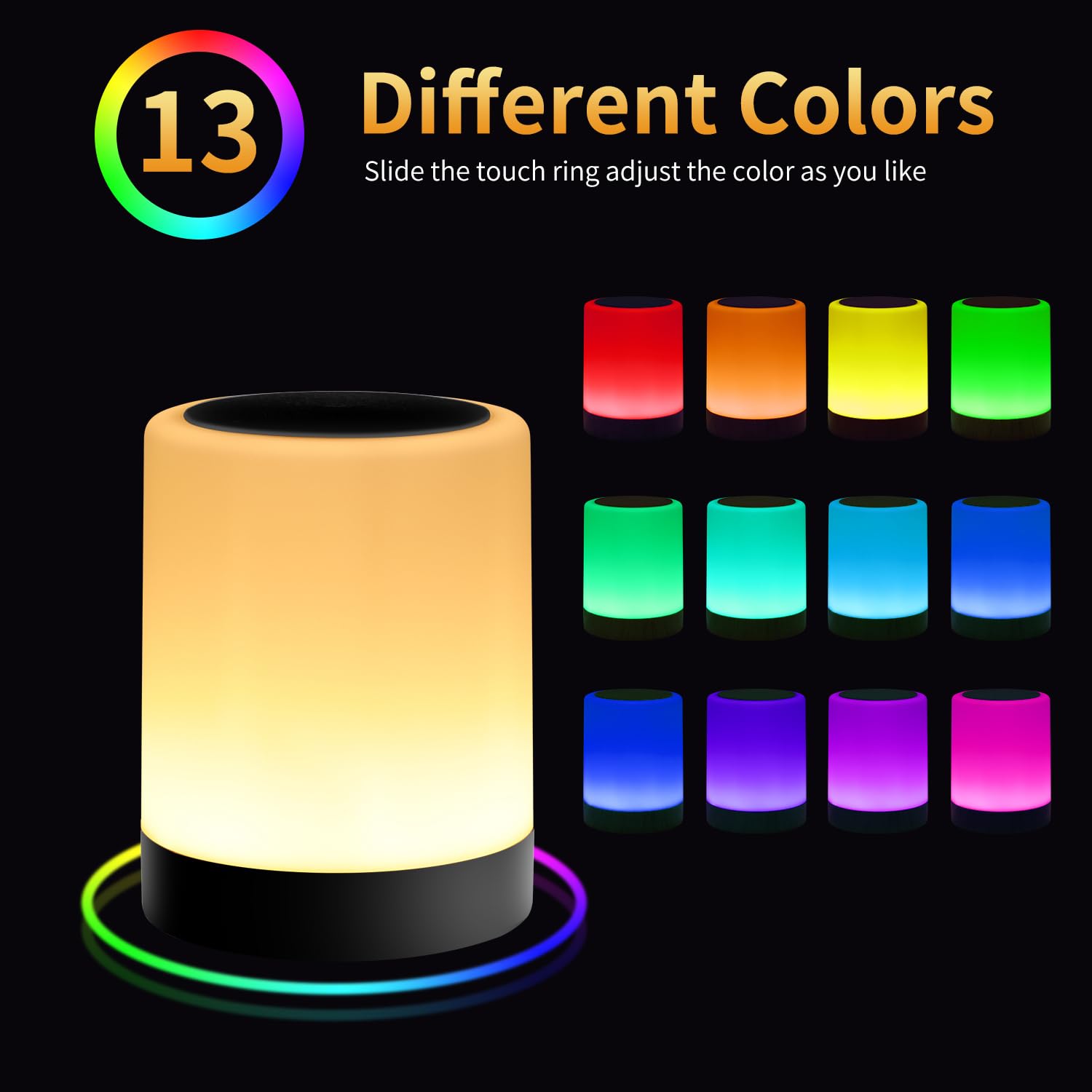 OORUN Touch Bedside Table Lamp, 13 RGB Colors, 5 Brightness Levels, USB Rechargeable, Black, Model F8, 3.74inD x 3.74inW