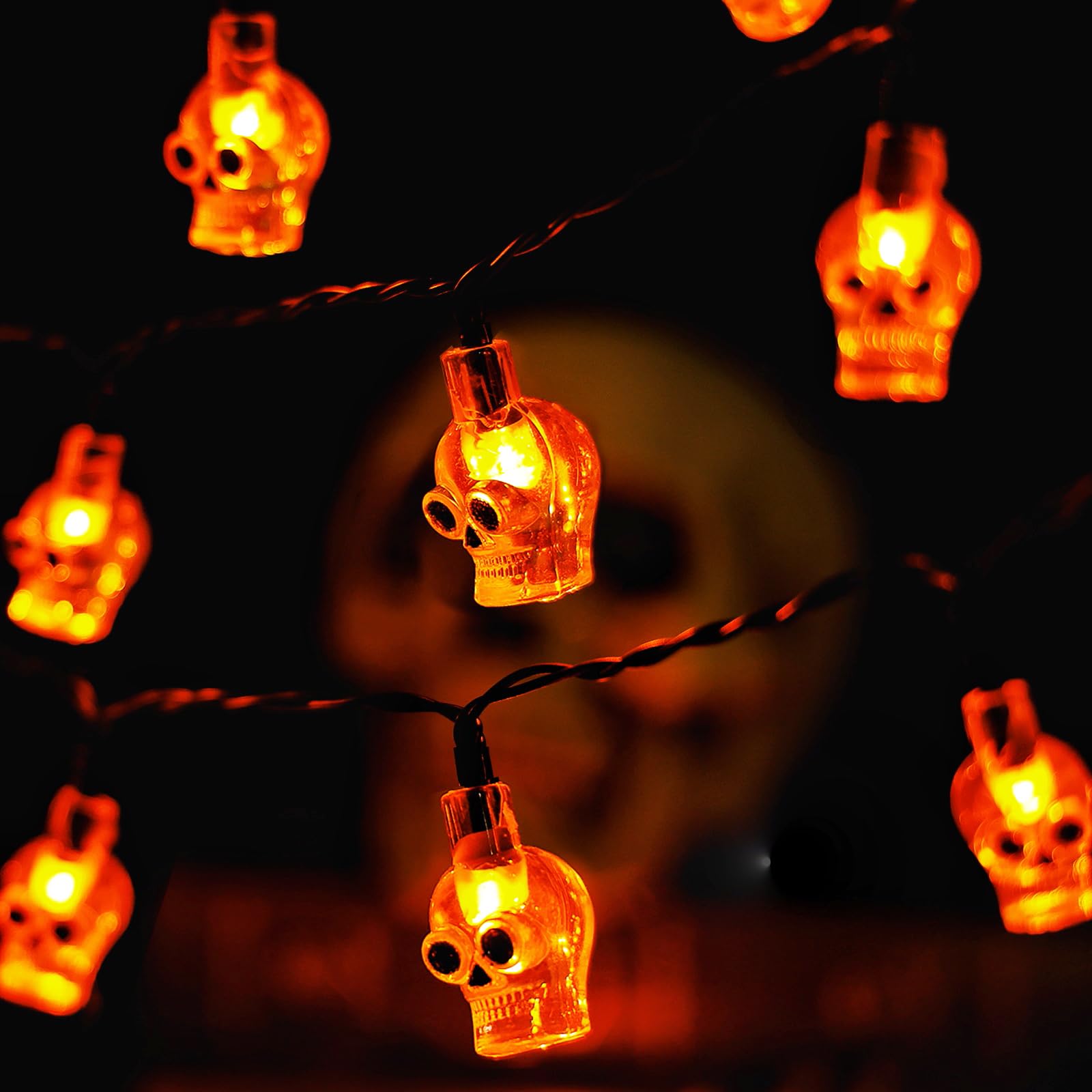 Recesky 2Pack 20 Led Orange Skull String Lights With Timer - Total 13Ft Battery Powered Halloween String Light - Spooky Lighting