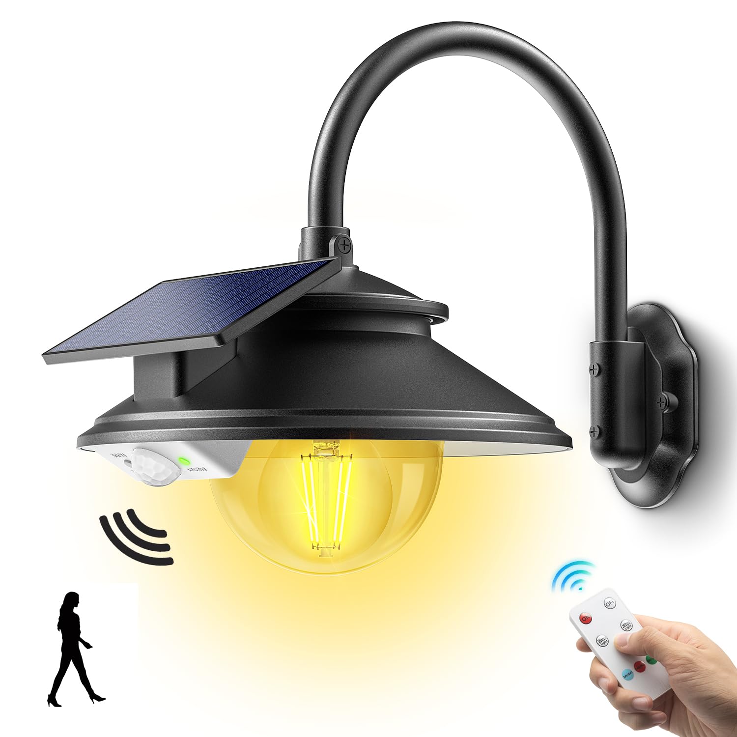 SIEDiNLAR Solar Barn Light Outdoor 3 Modes 2 Lighting, Garage Shed Light Farmhouse Gooseneck Wall Light Waterproof with Remote/M