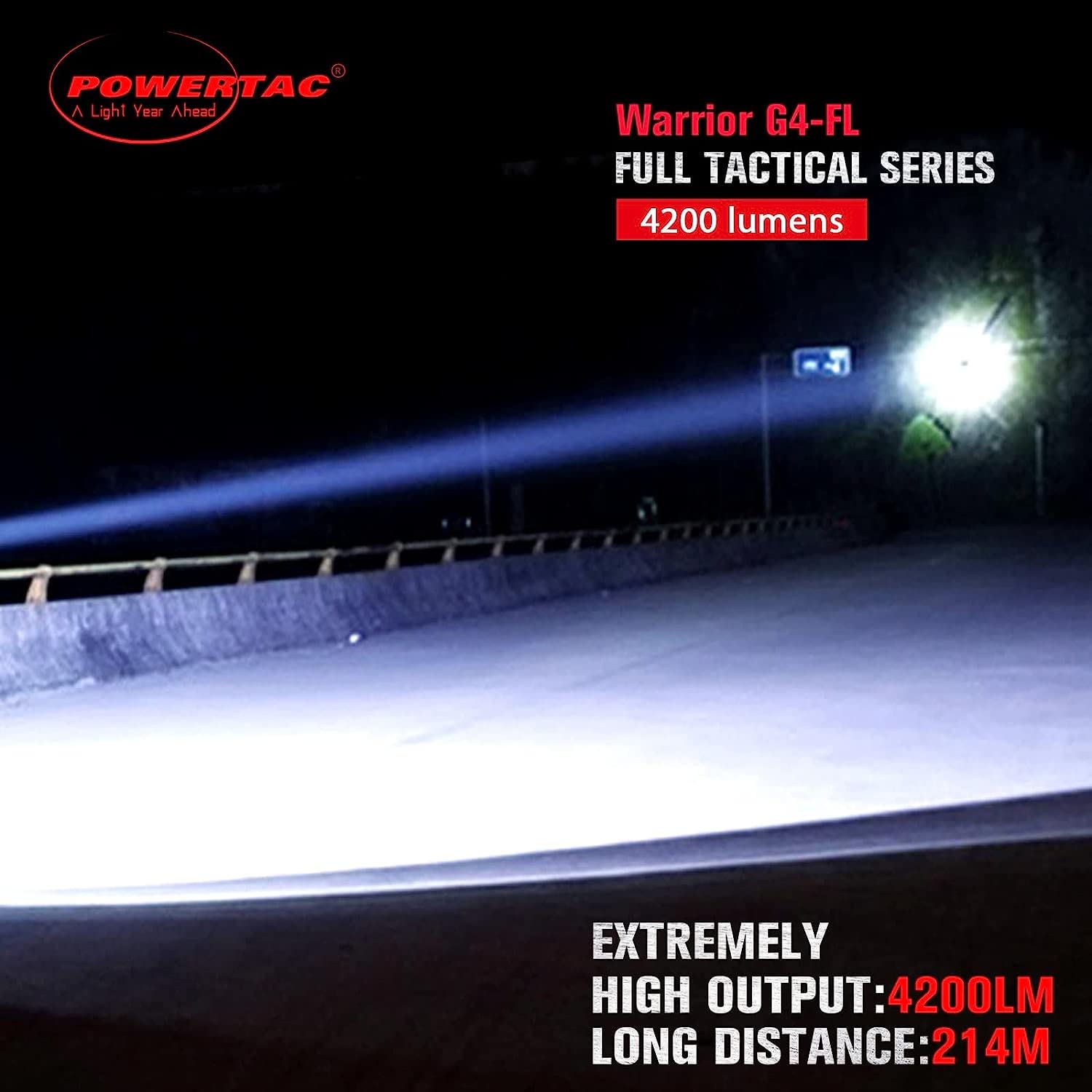 PowerTac Warrior G4-FL Tactical Flashlight 4200 Lumen, USB Rechargeable, Waterproof, Black, Model WAR-G4FL