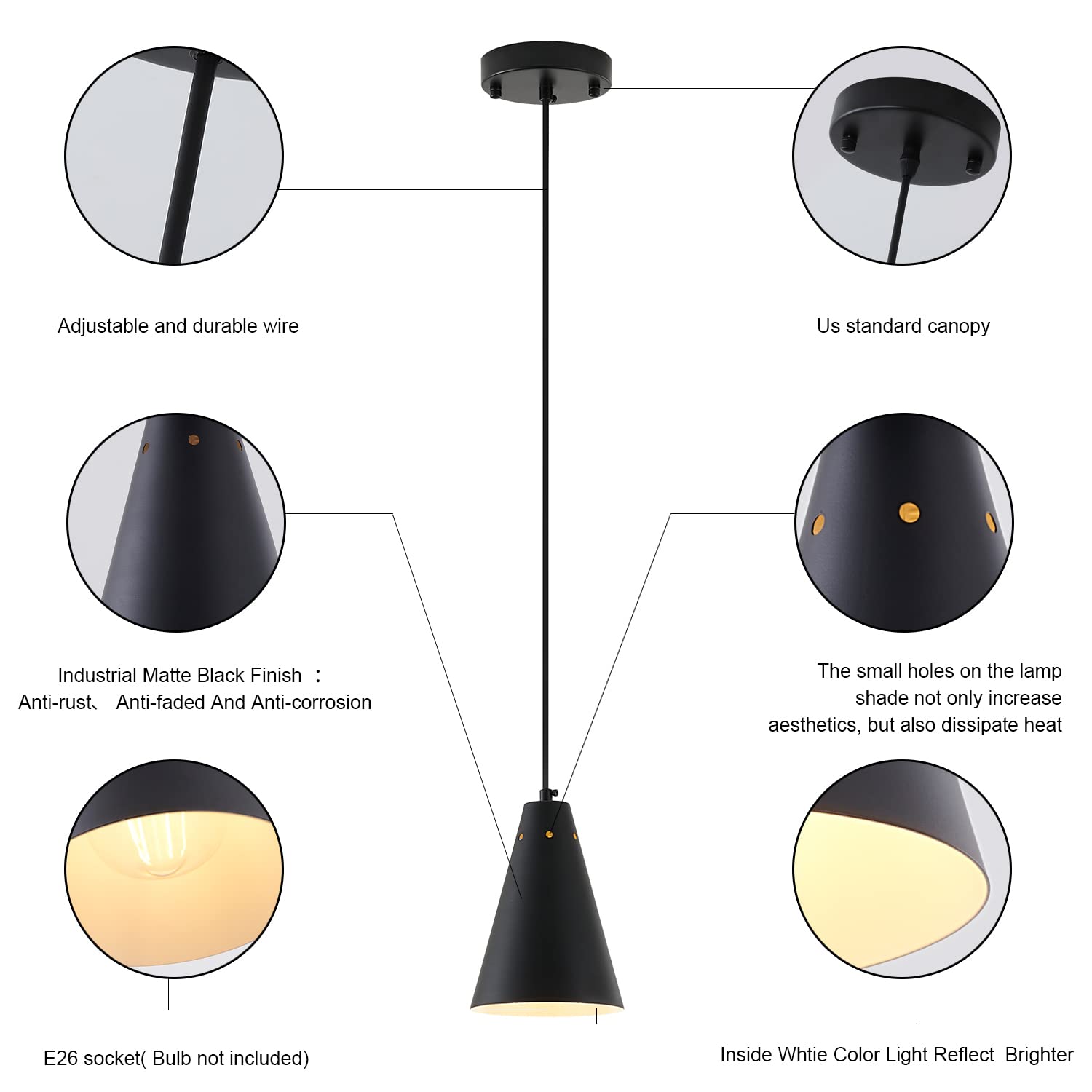 Dijiahua Black Pendant Lights 3 Pack, Mini Adjustable Metal Chandeliers for Kitchen Island, Model P-JDH034