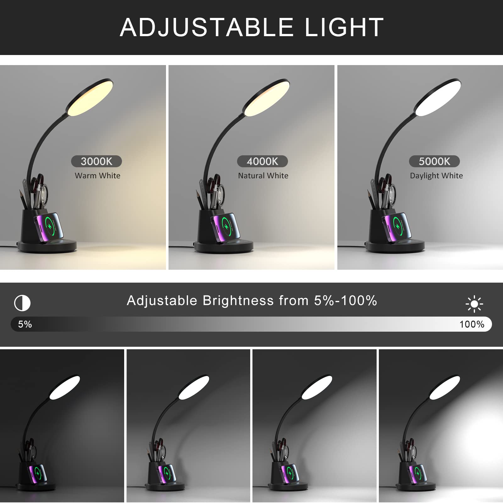 Vicsoon LED Desk Lamp with Wireless Charger, Dimmable 3 Color Modes, Flexible Arm, 800 Lumens, Black, Model HM-TD-8W-003