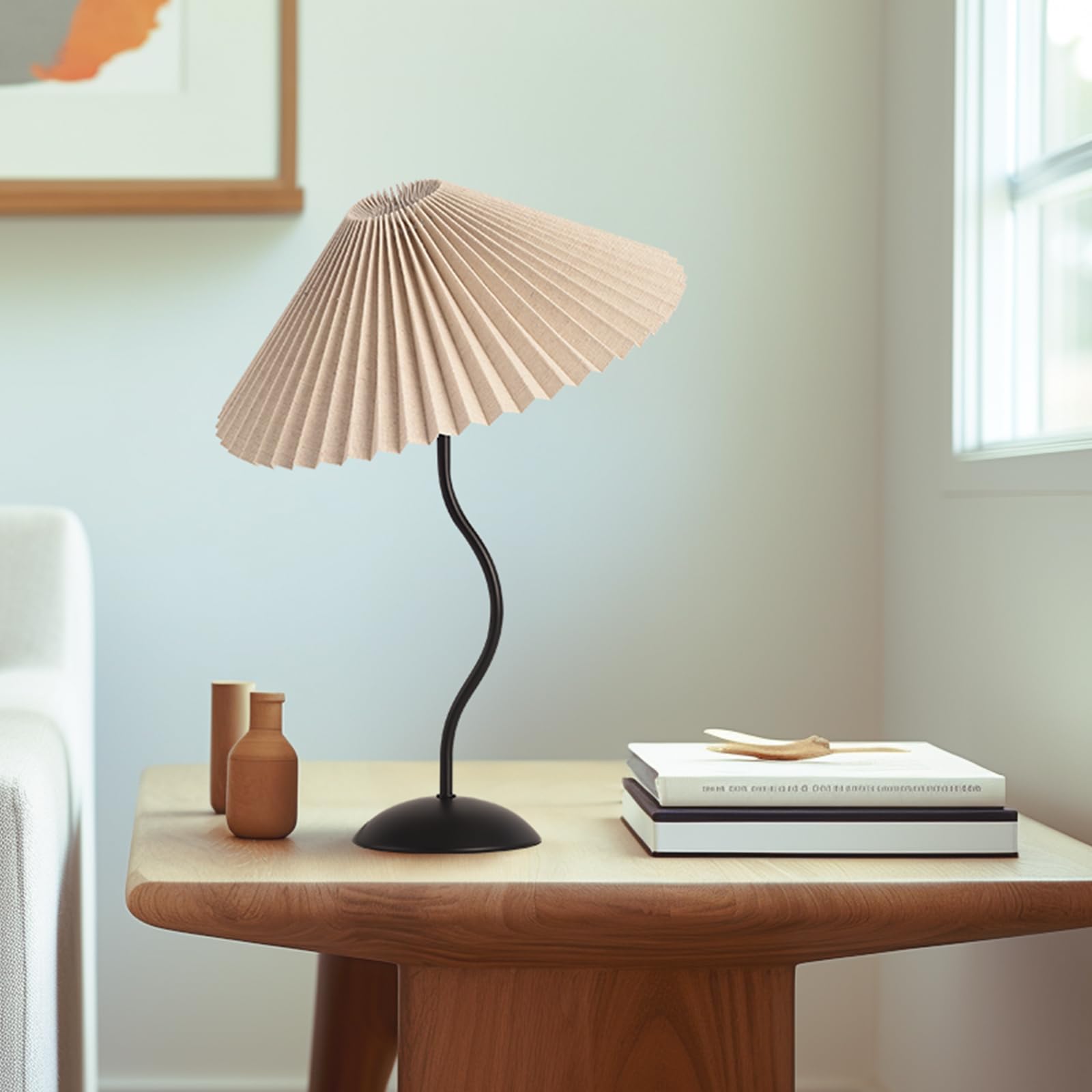 Kunjoulam Small Pleated Table Lamp, Bedside Nightstand Lamp With Beige Lampshade Black Base, Morden Mini Lamp For Bedroom Home O
