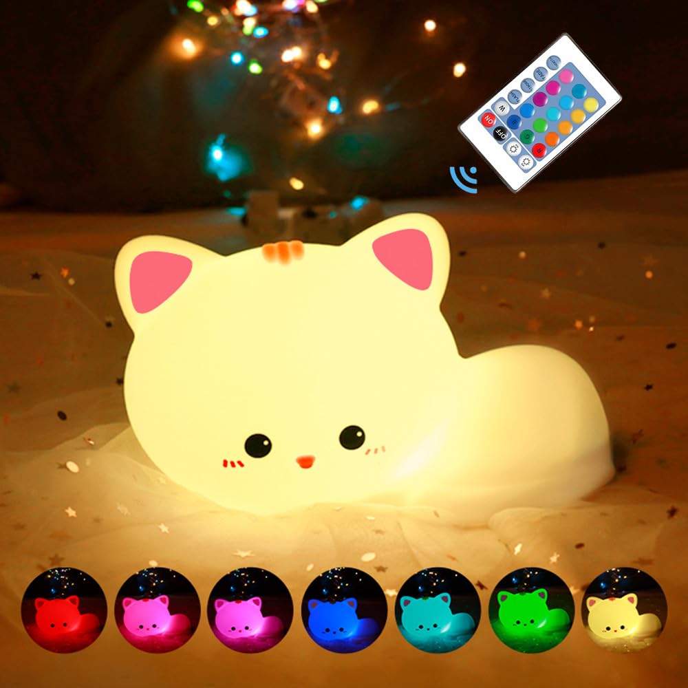 Myratts Led Cute Cat Night Light, 16 Colors Dimmable Nursery Kawaii Nightlight, Super Squishy Silicone USB Rechargeable Remote C
