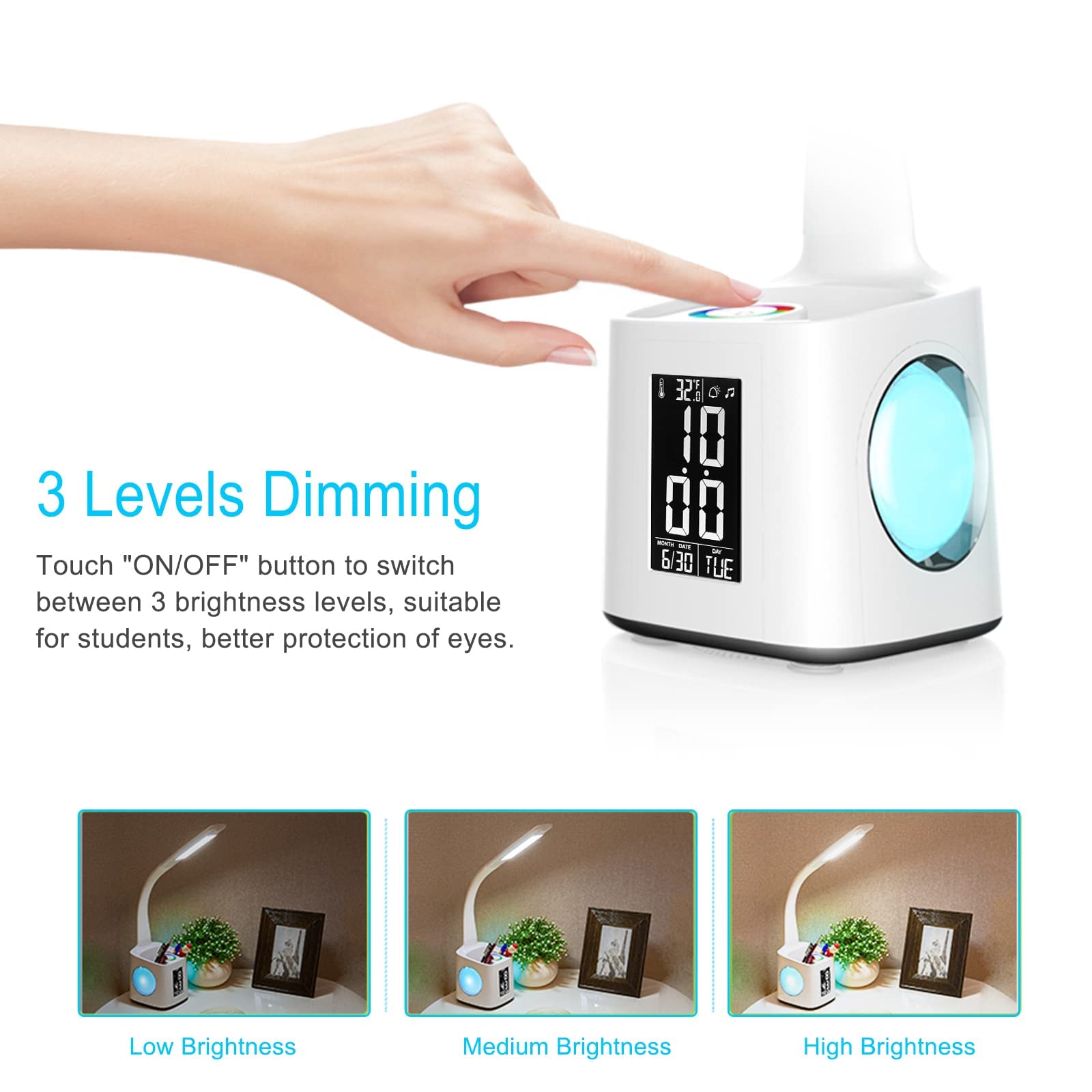 wanjiaone LED Desk Lamp with Clock, Color Changing Nightlight, USB Charger, White 2.0, 3 Brightness Levels for Home/Office/Beds