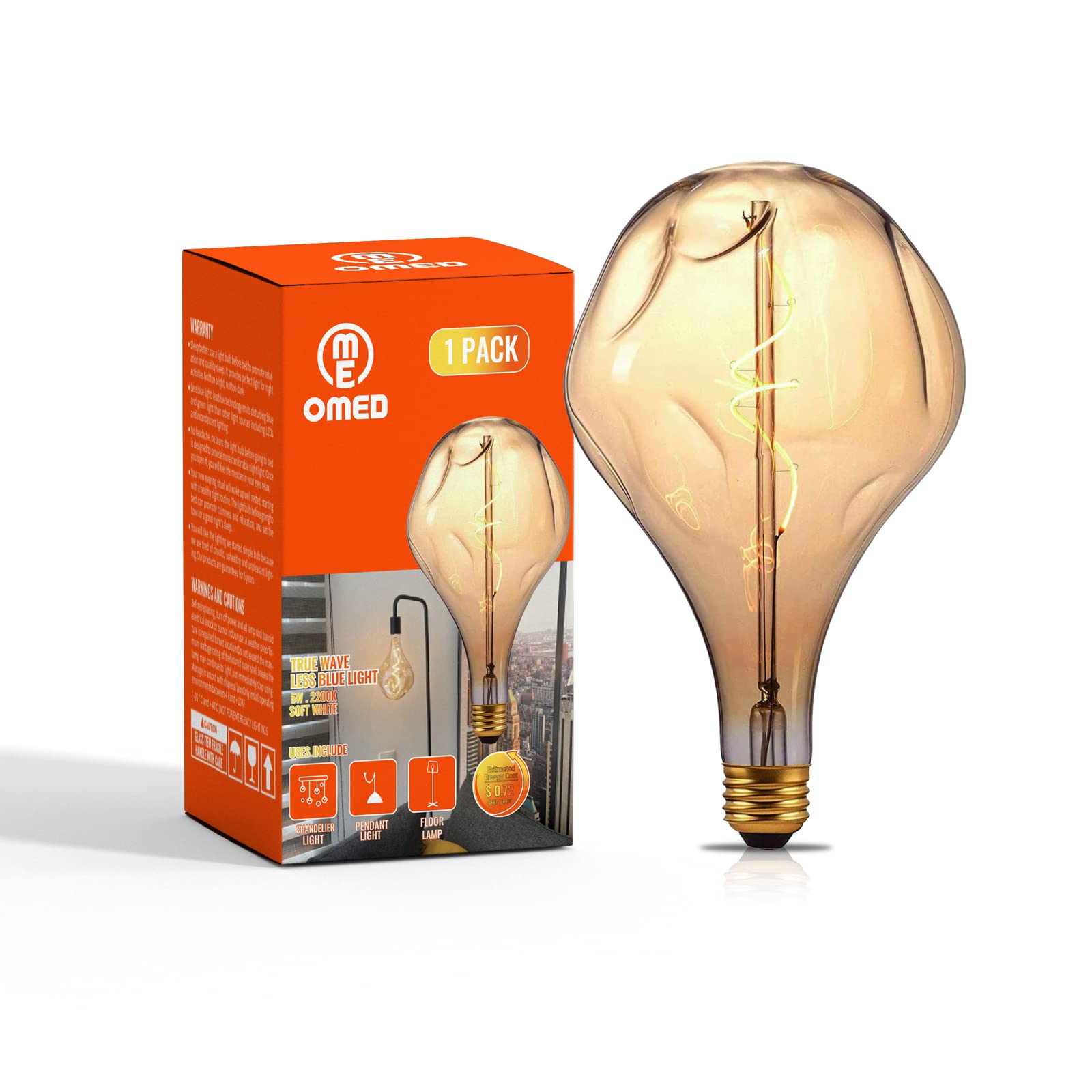 Omed S165 Irregular Unique Large Oversized Vintage Led Edison Light Bulb, E26 2200K Warm White Dimmable Extra Large Bulb, 5Watt