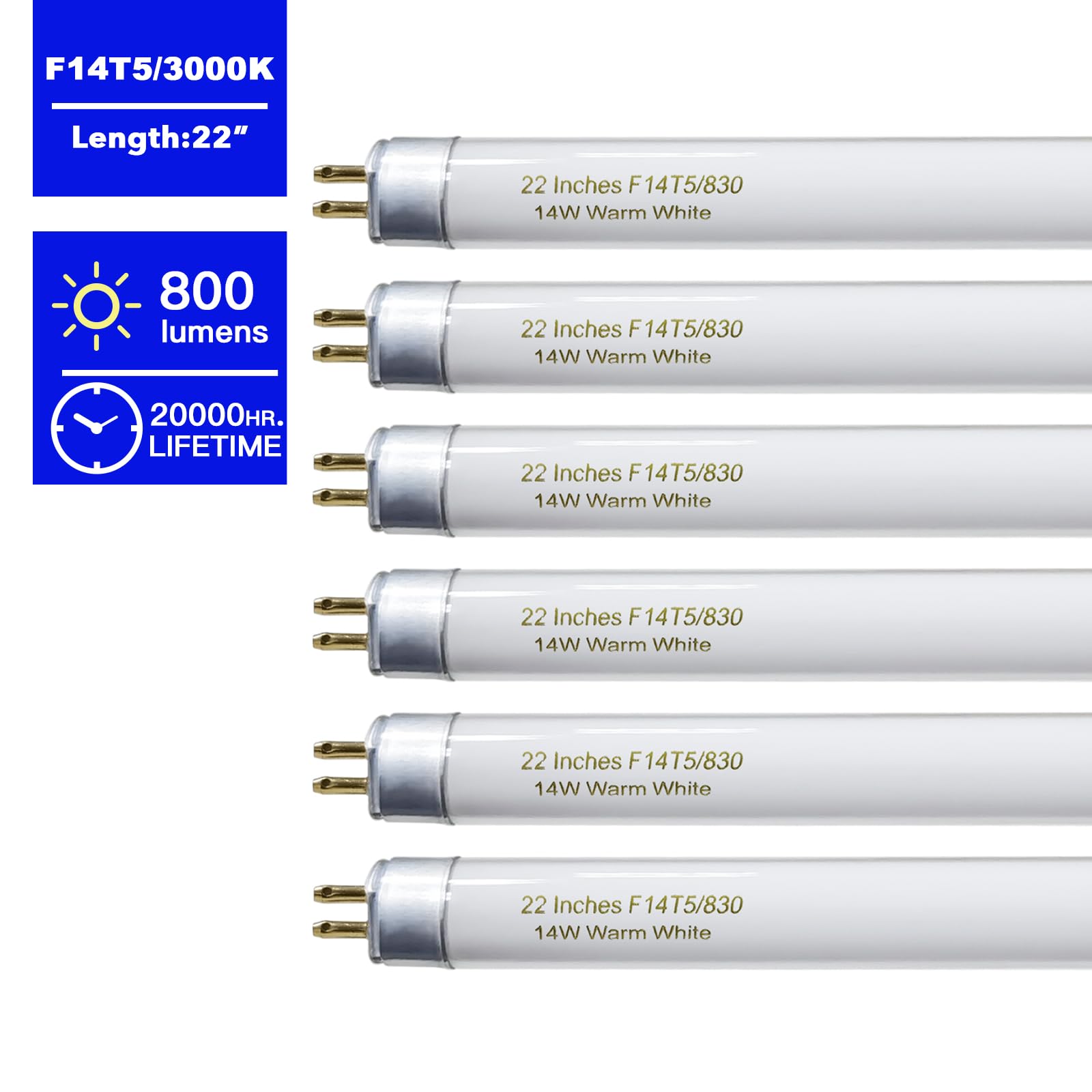 Konideke 22 Inch T5 Fluorescent Light Bulb 14W F14T5WW 3000K Warm White G5 Base 6 Pack