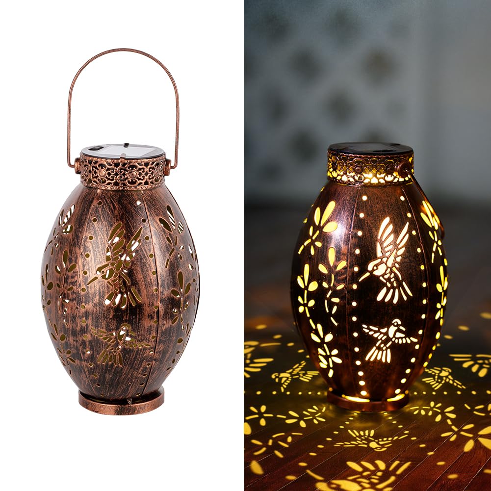 Stargarden Solar Lantern, 2 Pack Decorative Solar Lanterns Outdoor Waterproof Solar Lights Outdoor, Hollow Out Hummingbird Pattern Hanging Solar Lanterns For Yard ,Copper