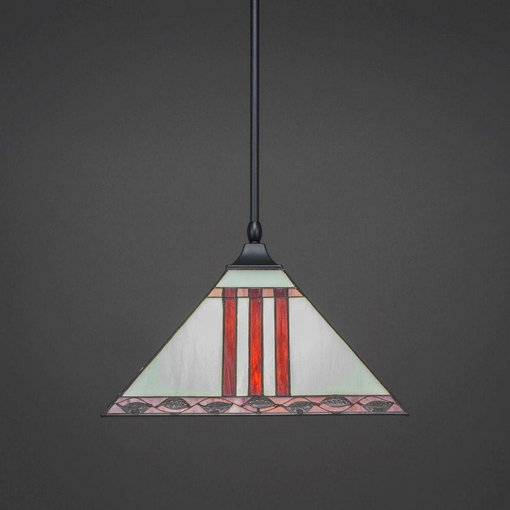 Toltec Lighting 13-Mb-958 Stem Hung Pendant With Square Fitter With 14&quot; Purple And Metal Leaf Tiffany Glass, Matte Black Finish
