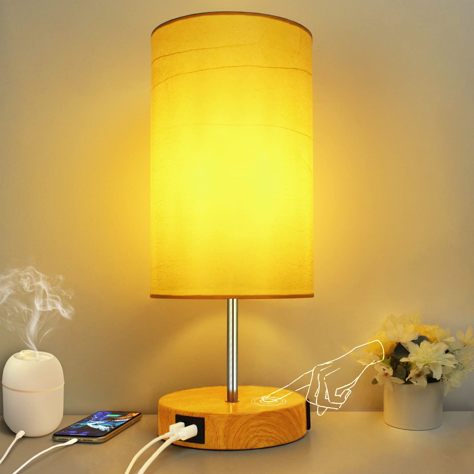 HiBay 17.75 Touch Bedside Table Lamp with USB Charging Ports & AC Outlet, Farmhouse Wood-Grain 3-Way Dimmable LED Nightstand Lig