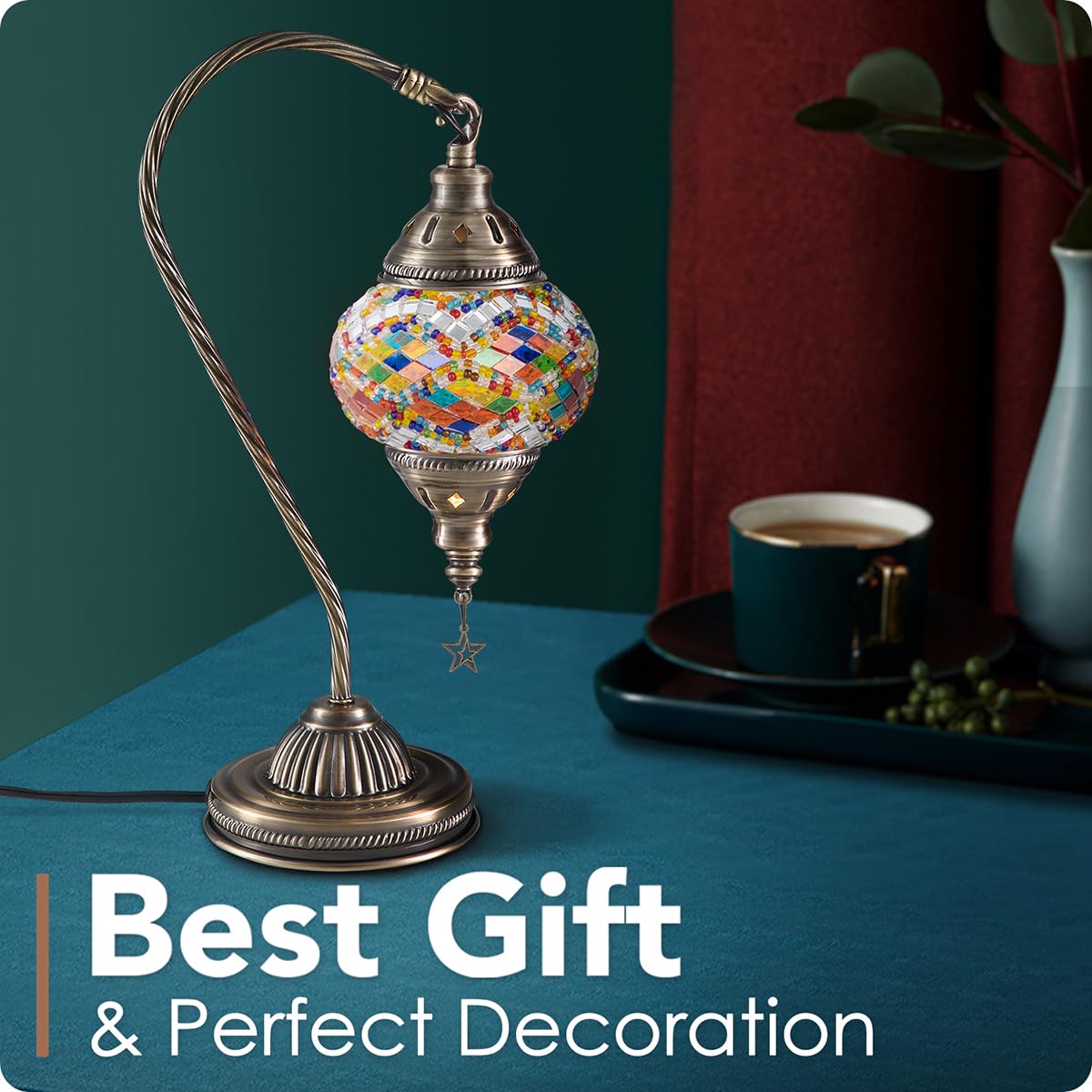 Yarra-Decor Turkish Moroccan Lamp - Bronze Base, 3-Way Color Changing, Handmade Tiffany Mosaic Glass, Colorful Bedside Lamp (LED Bulb Included)