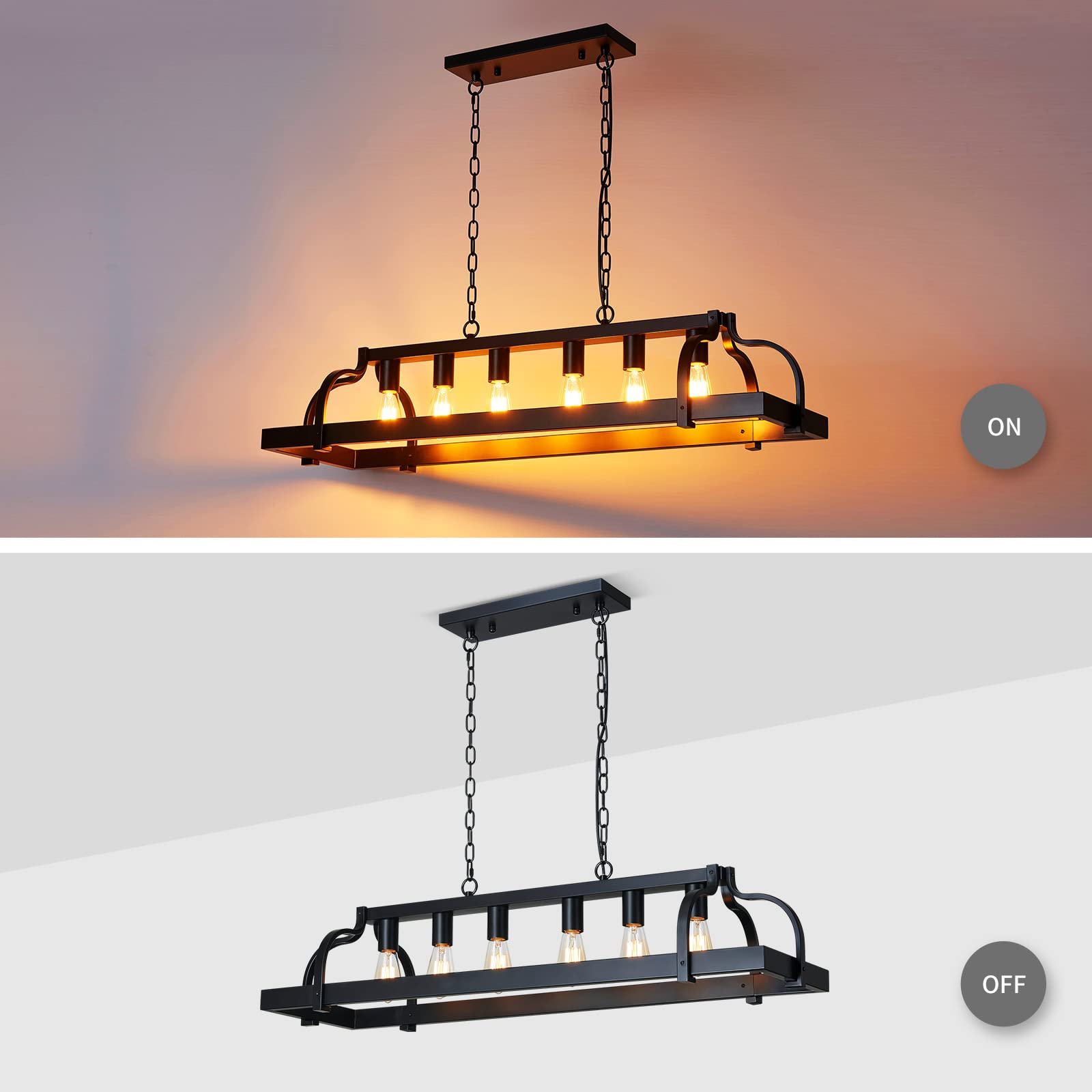 WUZUPS 6-Light Metal Chandelier Pendant Lighting - Rustic Black Farmhouse Fixture for Kitchen Island, H 9.8" L 40.6" W 11.8"