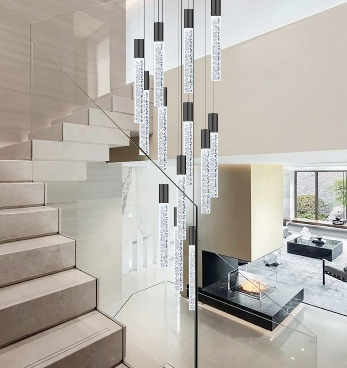 HAIXIANG 118" High Ceiling Chandelier, 12-Light Matte Black, Remote Dimmable, Stainless Steel & Crystal, Model MMQ3810