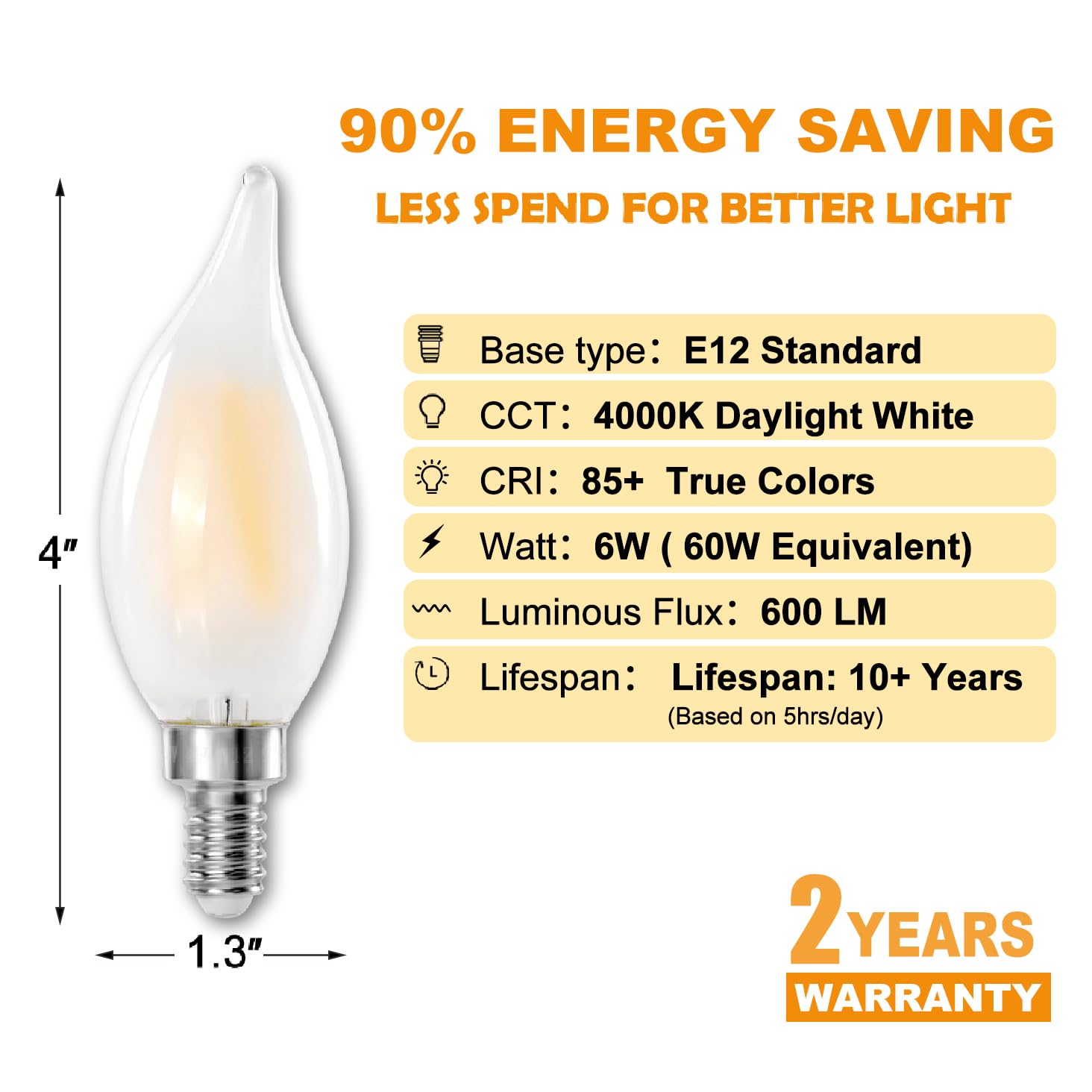 Decoaui E12 LED Candelabra Light Bulbs, 6W Dimmable, Frosted Glass, 600 Lumens, 4000K Daylight White, 6-Pack