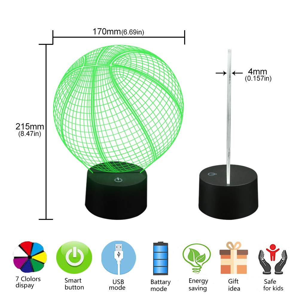 AZIMOM 3D Illusion Basketball Lamp, Multicolor, Smart Touch Sensor, Remote Control, Home Decoration for Kids, Model 1