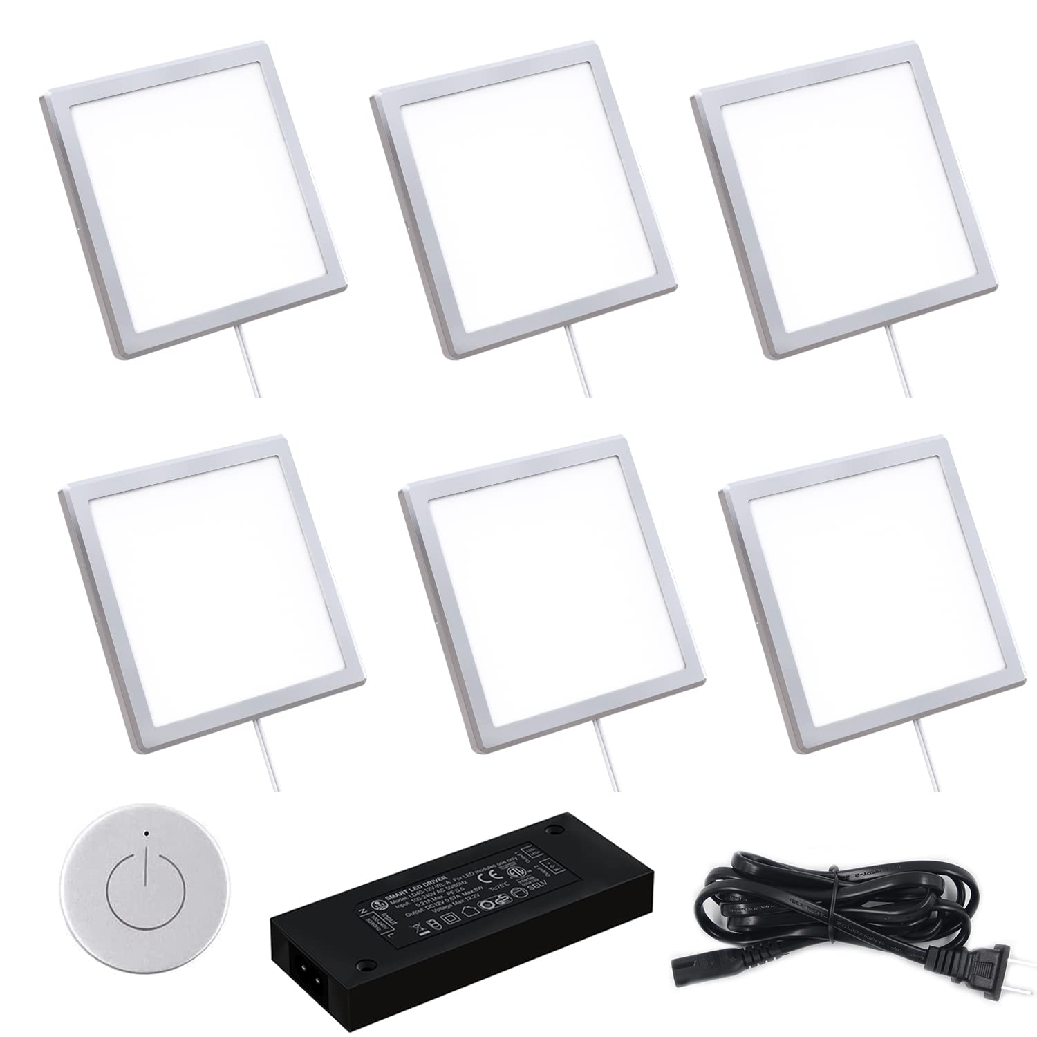 VST Under Cabinet Mini Panel Lighting 6PCS 3.94in 12V 2.5W with Wireless Dimmer Switch, Square Silver, Model VST-LPLS6W-