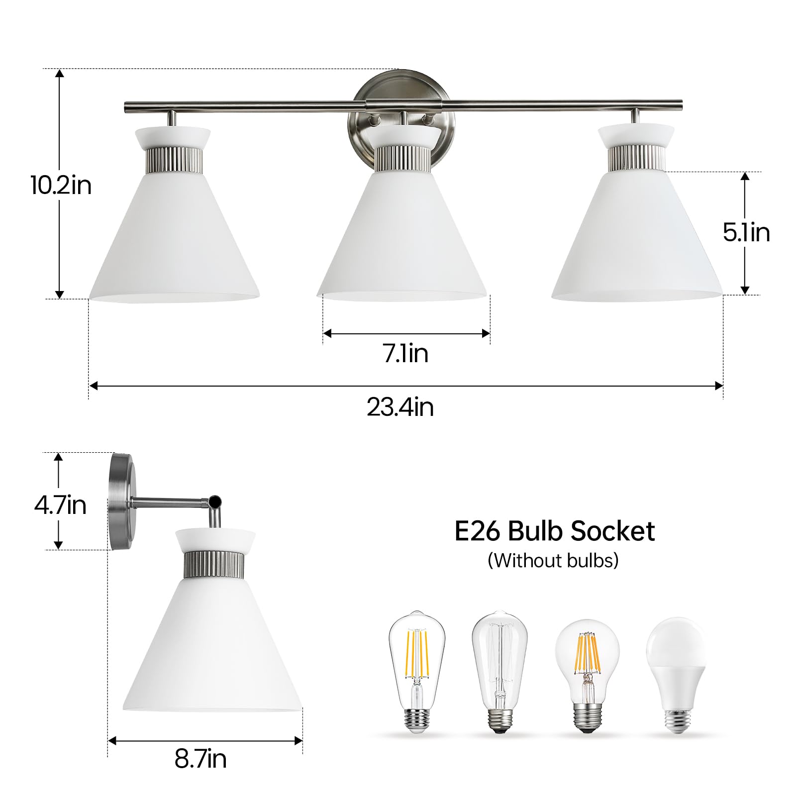 WOSHITU Brushed Nickel Vanity Lights for Bathroom, 3-Light Modern Fixtures with Milky White Frosted Glass Shade, 23.4in