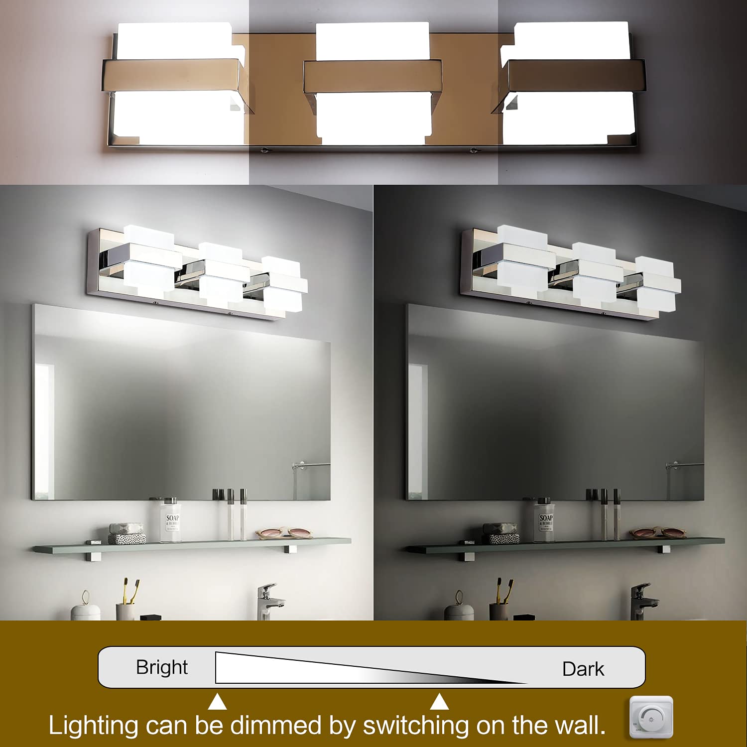 SOLFART Dimmable Bathroom Vanity Light Fixture, 3 Lights, Chrome, Stainless Steel, Model 7248-3T-WHL, Modern LED Over Mirror Lighting