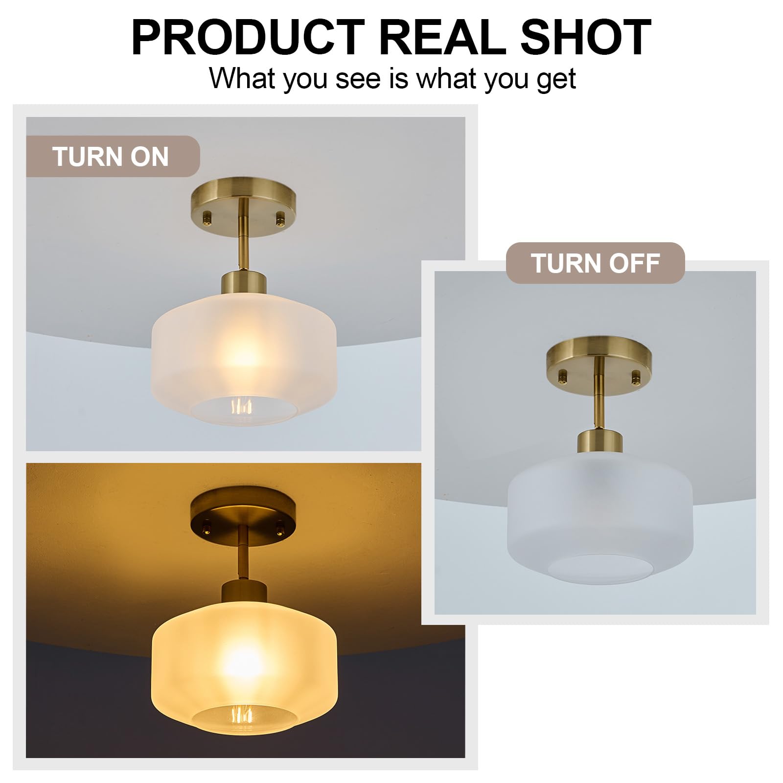 BISAMIYA Modern Brass Semi Flush Mount Ceiling Light, 8.66" Frosted Glass Shade, Adjustable, for Hallway/Bedroom