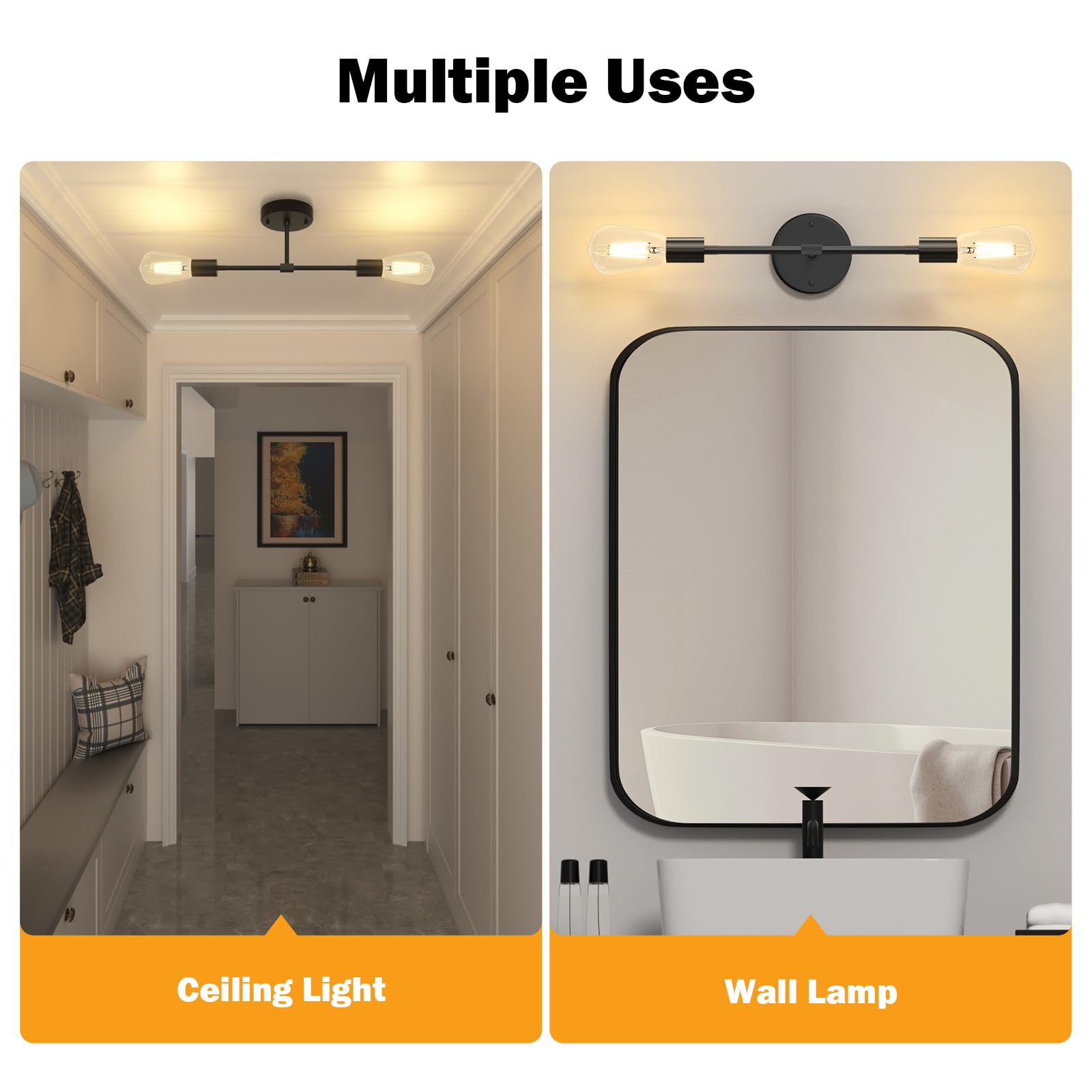 FadimiKoo 2-Light Wall Sconces, Modern Black Metal Indoor Lighting, 2 Pack