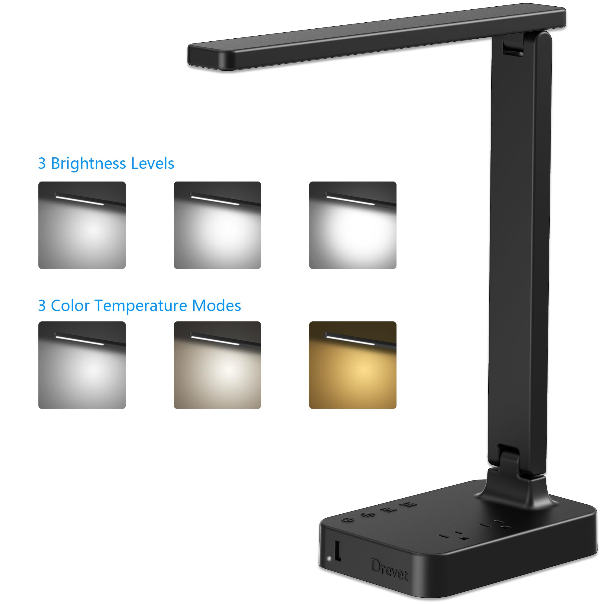 Drevet LED Desk Lamp with USB Charging, 3 Lighting Modes, Touch Control, Foldable, Black, Model H04-1U