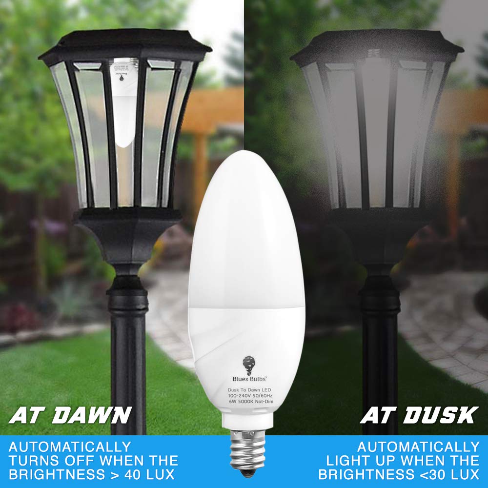 Bluex Bulbs 6 Pack LED Dusk to Dawn Candelabra Bulbs, 6W E12 Base, 5000K Daylight White, Home Security Lighting
