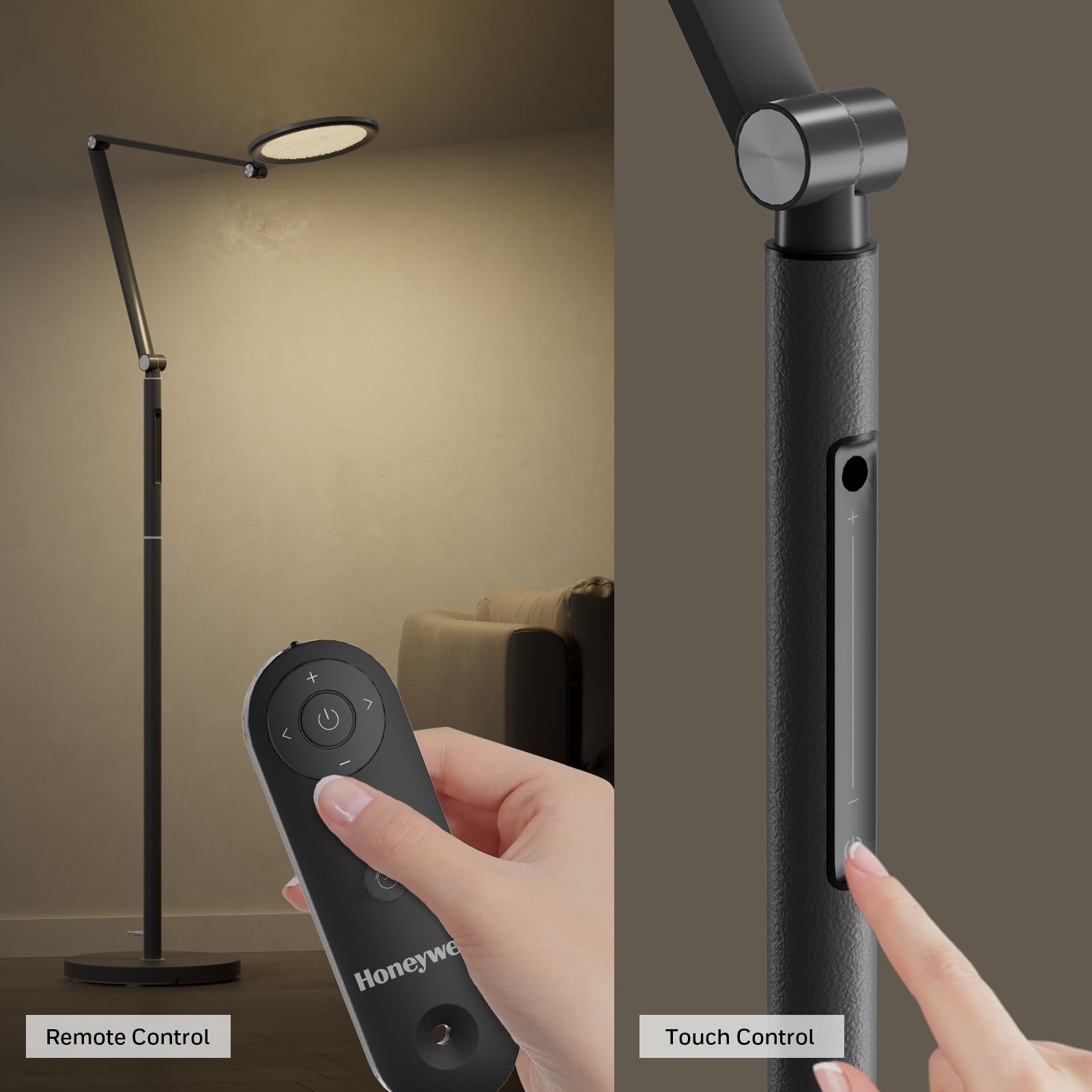 Honeywell LED Floor Lamp - Dimmable Standing Light, 5 Colors & Brightness, Black, Model HWL-F01BK