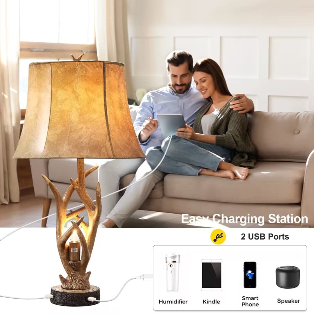 Dungoo Rustic Western Deer Table Lamps With Nightlight Set Of 2, 26&quot; Rustic Bedside Lamps For Bedroom With 2 Usb Ports, Natural Antler Table Lamp For Christmas Living Room Gift Foyer Office