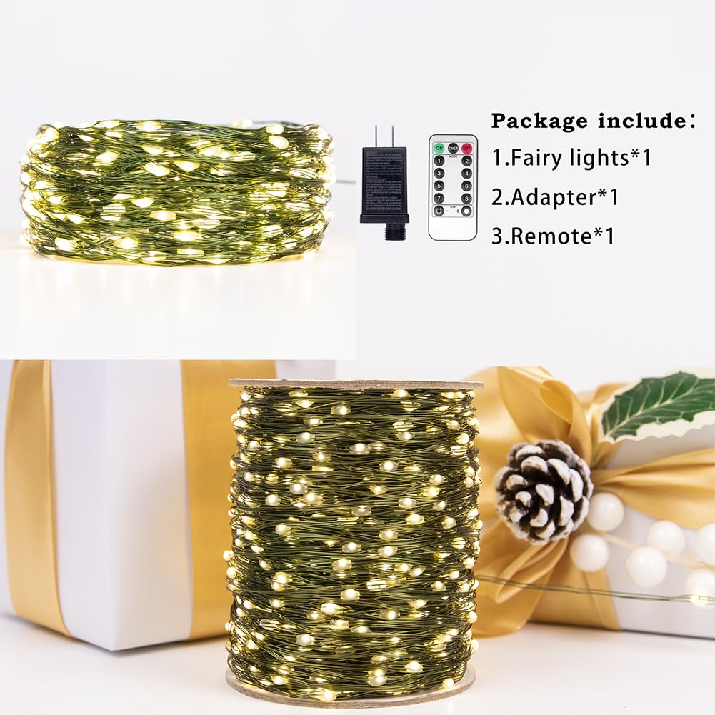 Zeluxdot Fairy Lights Plug In,200Ft 600 Leds Waterproof String Lights,Green Copper Wire,Led Lights Stirp With Remote 8 Modes For Indoor Outdoor Christmas Wedding Birthday Patio Garden Decor,Warm White