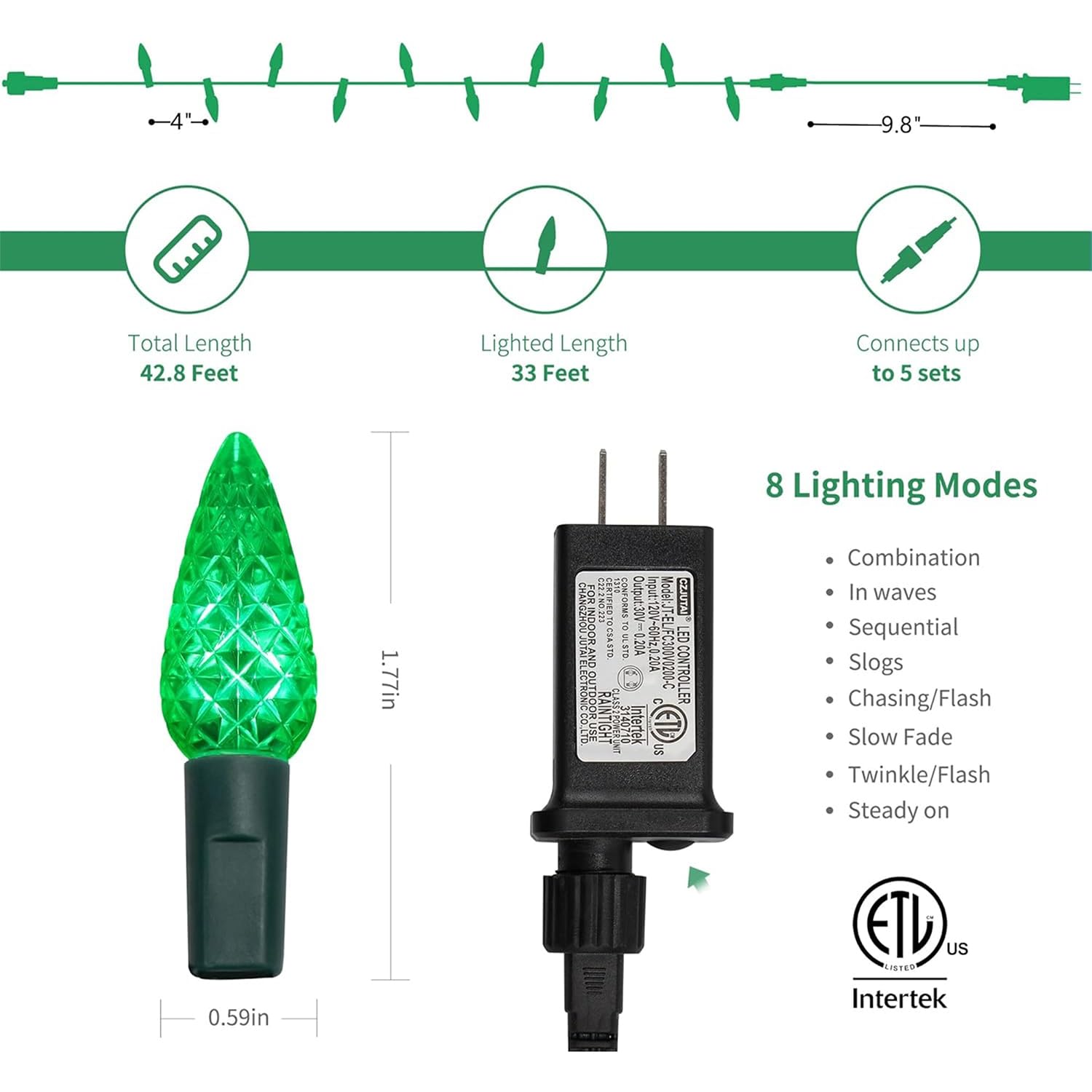 Waterglide C6 Christmas Lights, 33Ft 100 Led Faceted String Lights Green Wire Fairy Lights With Safe Adaptor, 8 Lighting Mode, W