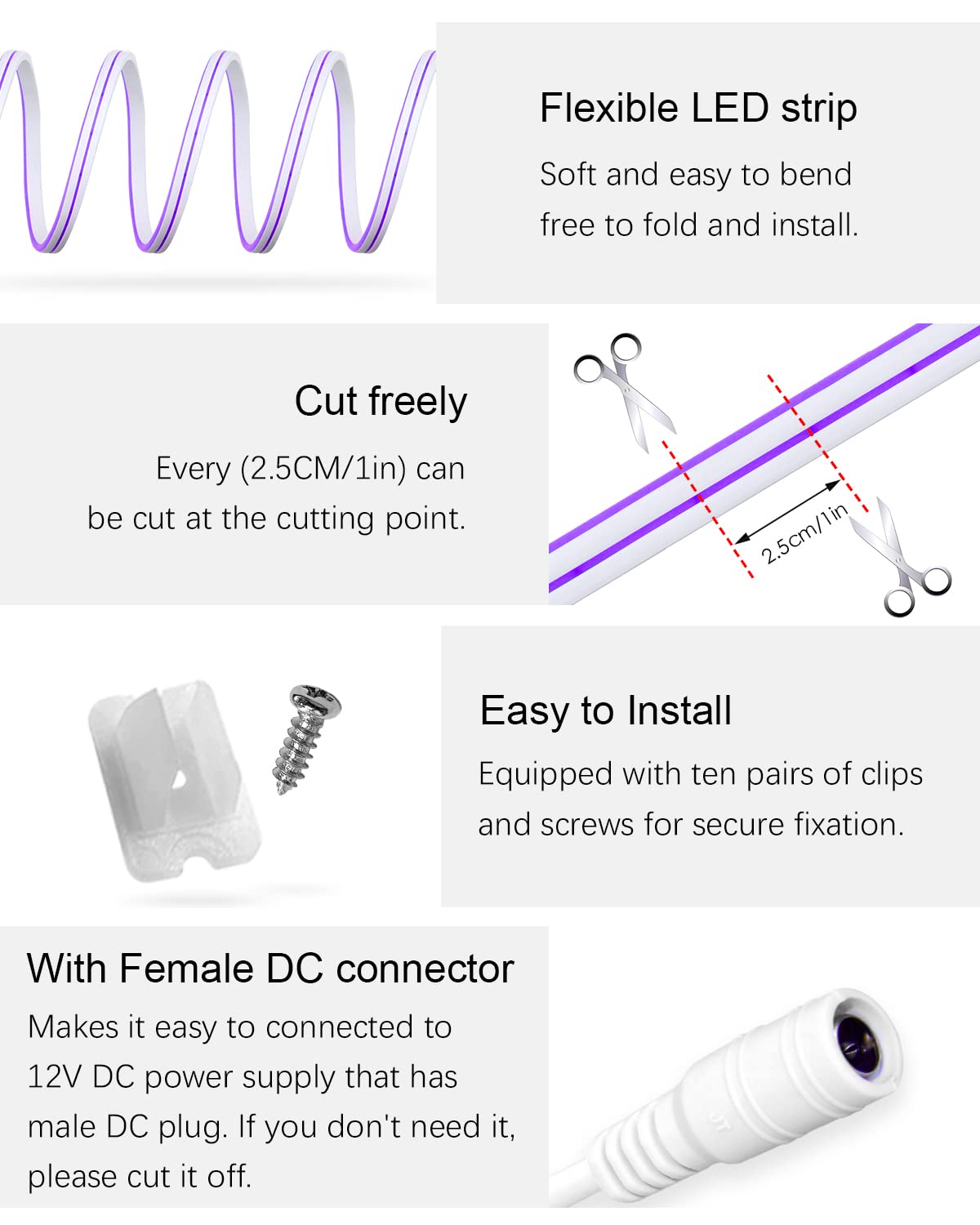 Alitove Neon Led Rope Light 16.4Ft, Purple Silicone, Dimmable, Diy Accessories, Waterproof, Model: 5M-Neon-Pu-Kit