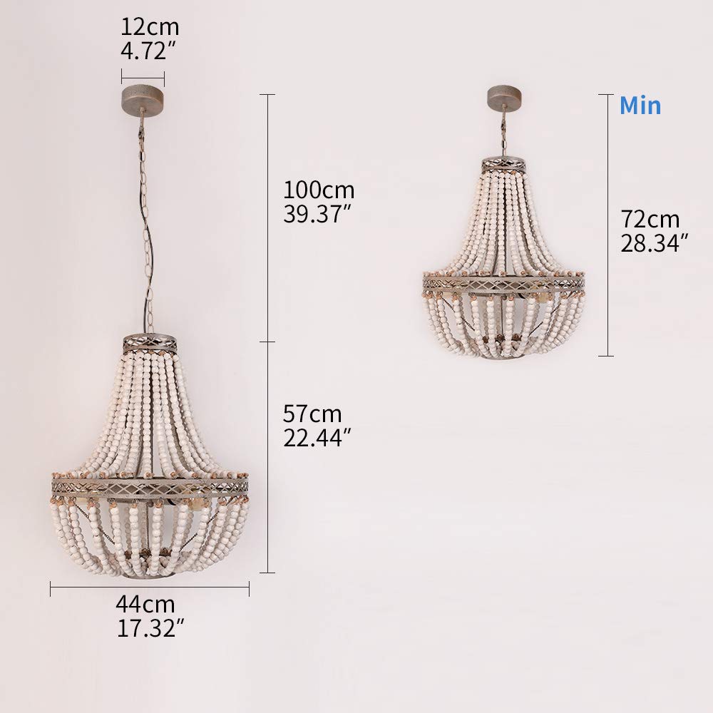 Firvre Wood Beaded Chandelier, Vintage Rustic Pendant Light, White, For Dining Room, Living Room, Kitchen, Model 1