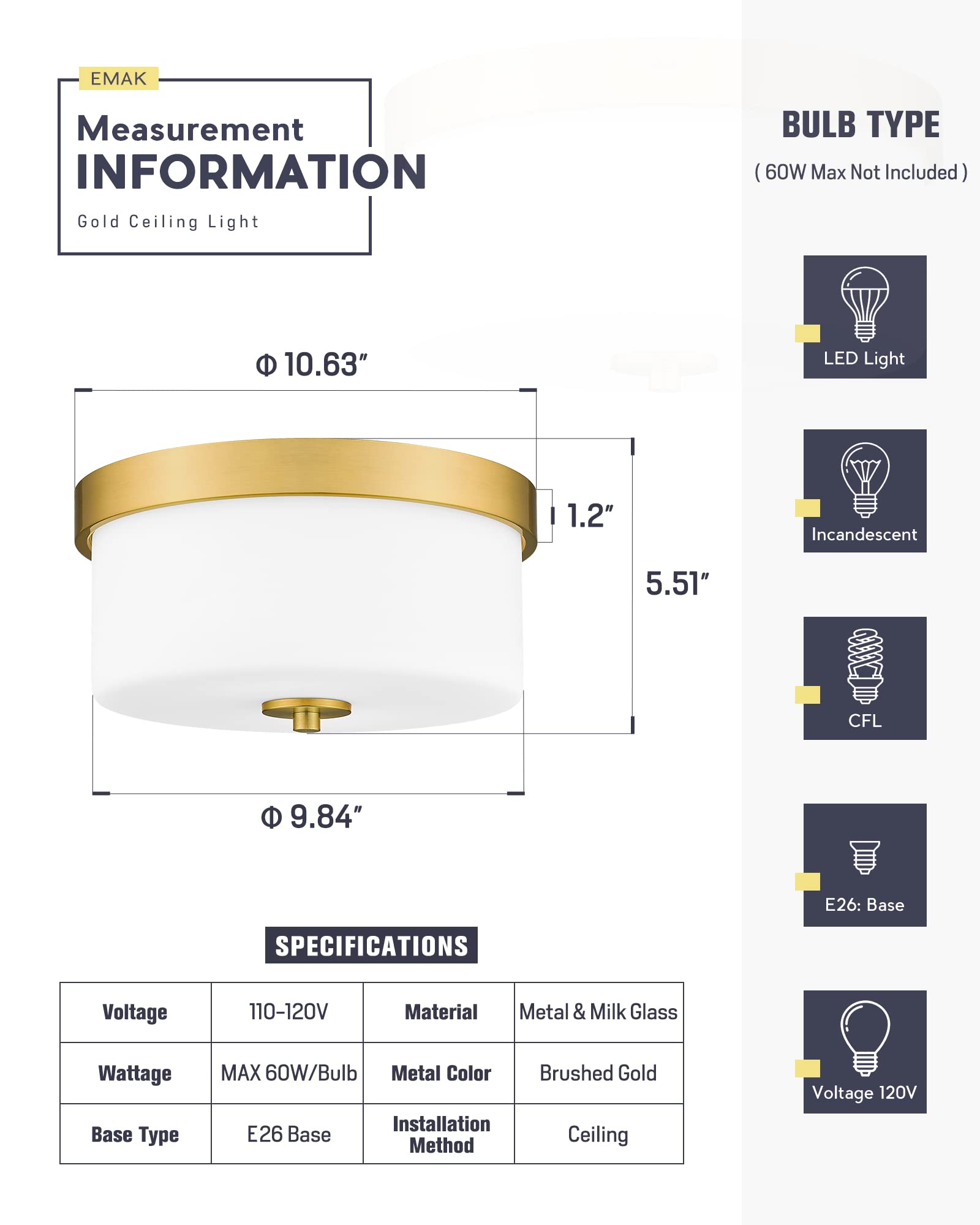 Emak 11&quot; Brushed Gold Flush Mount Ceiling Light Fixture With Milk Glass Shades - 2-Light