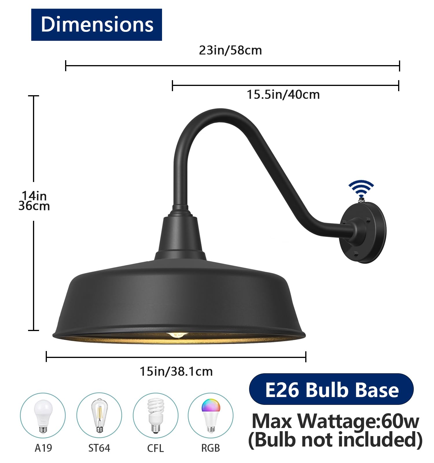 Ytzlvw 15&quot; Outdoor Gooseneck Barn Light, Waterproof Metal Dusk To Dawn Fixture, Black