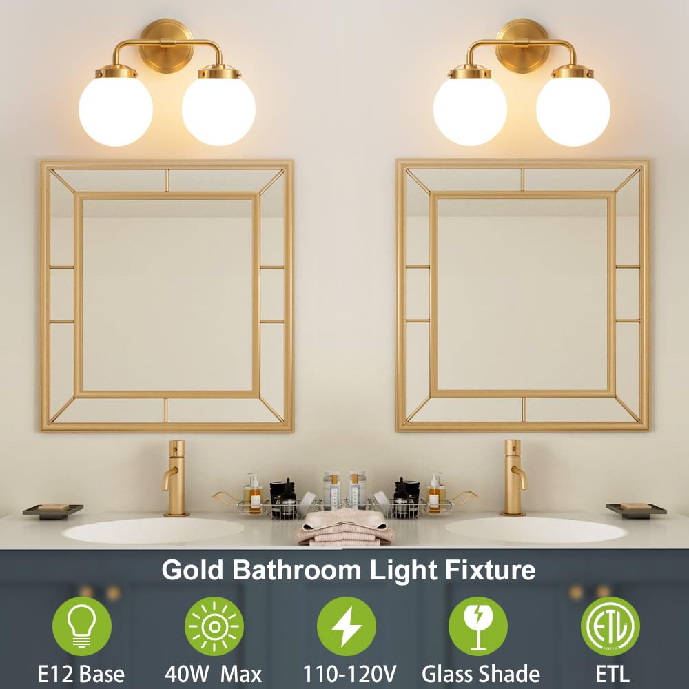 Deyidn Bathroom Vanity Light Fixtures, Modern Brass Gold, 2 Lights, Milk White Shades, Model 1758