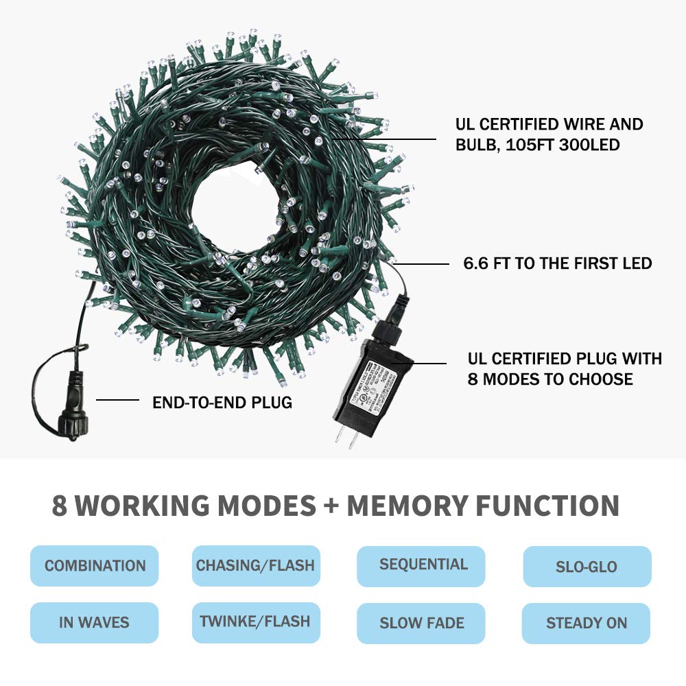VTECHOLOGY 300 LED Warm White Christmas Lights String, 105ft, 8 Modes, UL Certified, Copper Material