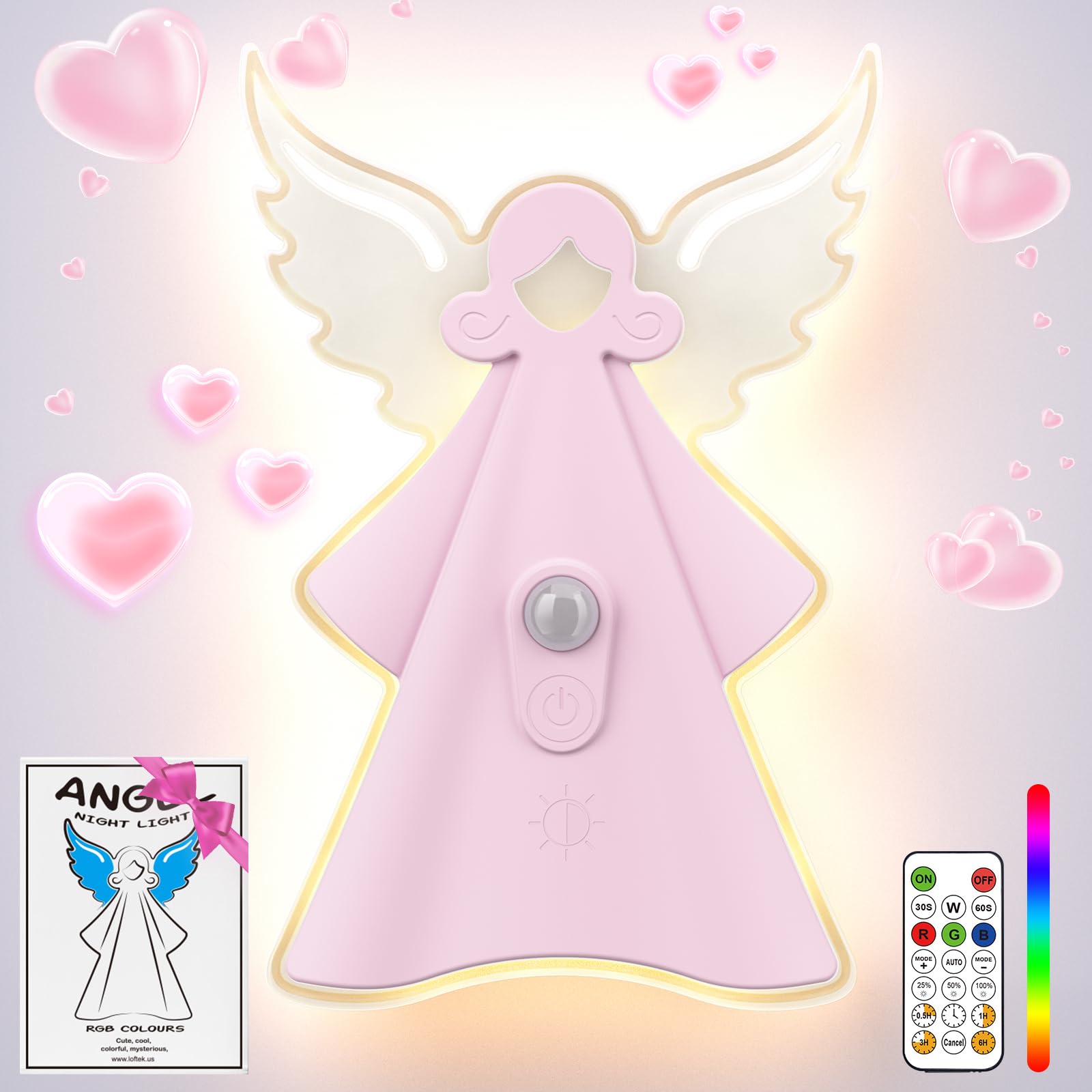 Loftek Motion Sensor Night Light  Rechargeable Night Lights With Remote &Timer  Battery Operated Wall Sconce  18 Color Changing Led Angel Light For Stairs  Kitchen  Hallway  KidS Bedroom Decor  Gift