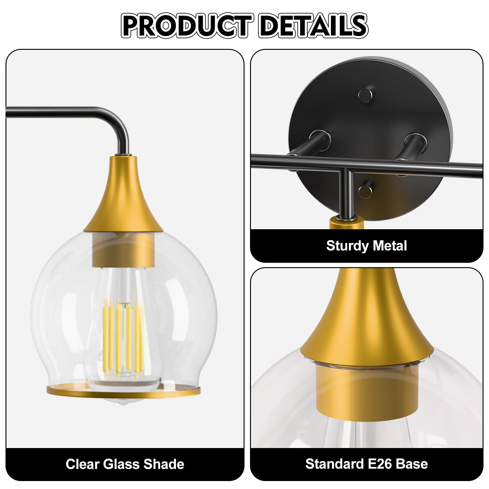 Lightania Bathroom Light Fixtures, 3-Light Vanity Lights With Clear Globe Glass Shade, Modern Black And Gold Bathroom Vanity Lig