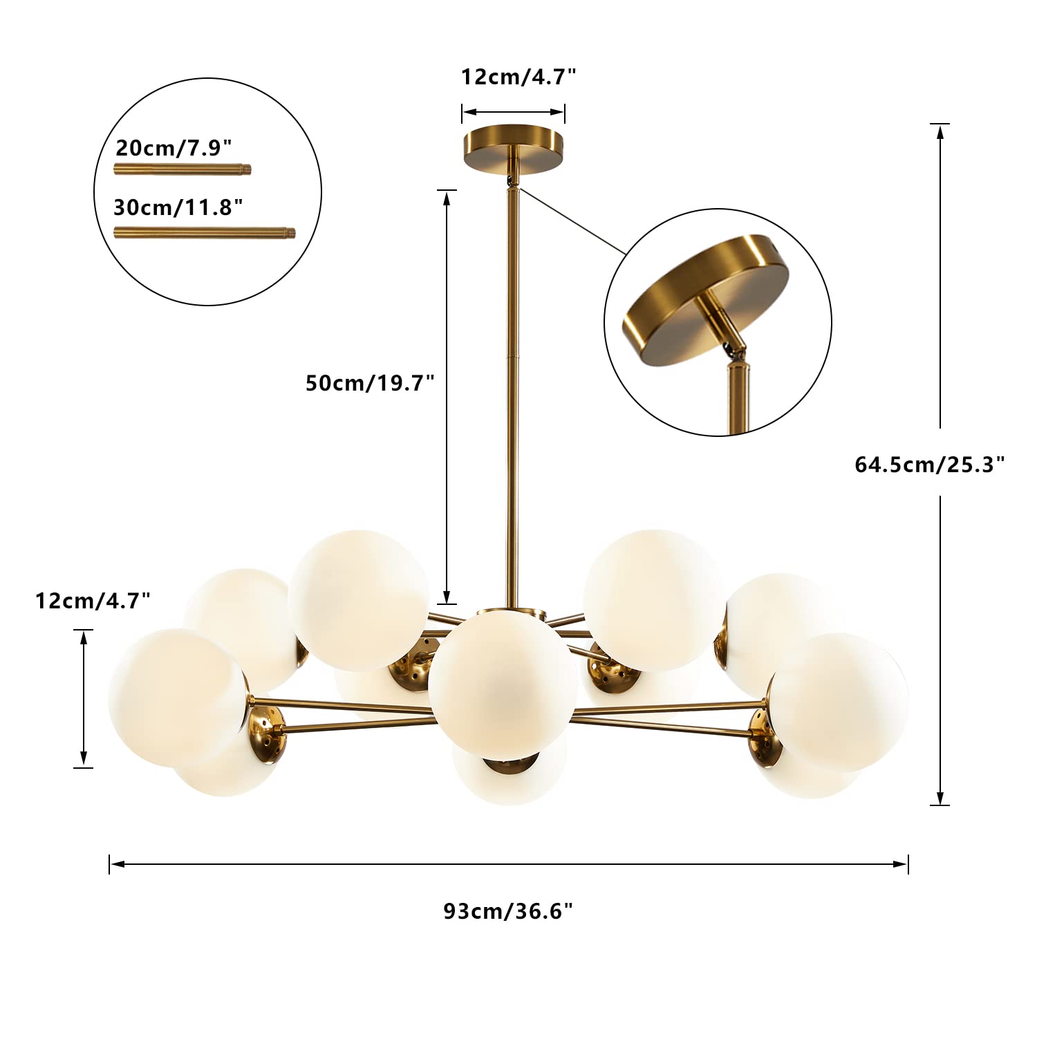 KCO 12-Light Glass Globe Sputnik Chandelier Brushed Brass Metal Fixture L1085-12-Head Gold+White