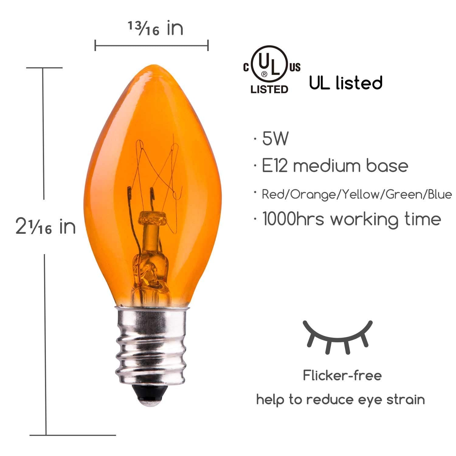 Minetom C7 Christmas Light Bulbs 50 Pack, Clear Incandescent, E12 Base, 5 Watt, Multi-Colored