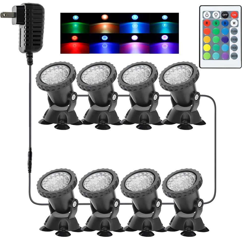 Gzkanful Underwater Pond Lights, Colored Led Fountain Lights Outdoor Landscape Spot Light Rgb Color Changing Ip68 Waterproof Spotlight Submersible Dimmable For Garden Yard Lawn Halloween (8 Lights)