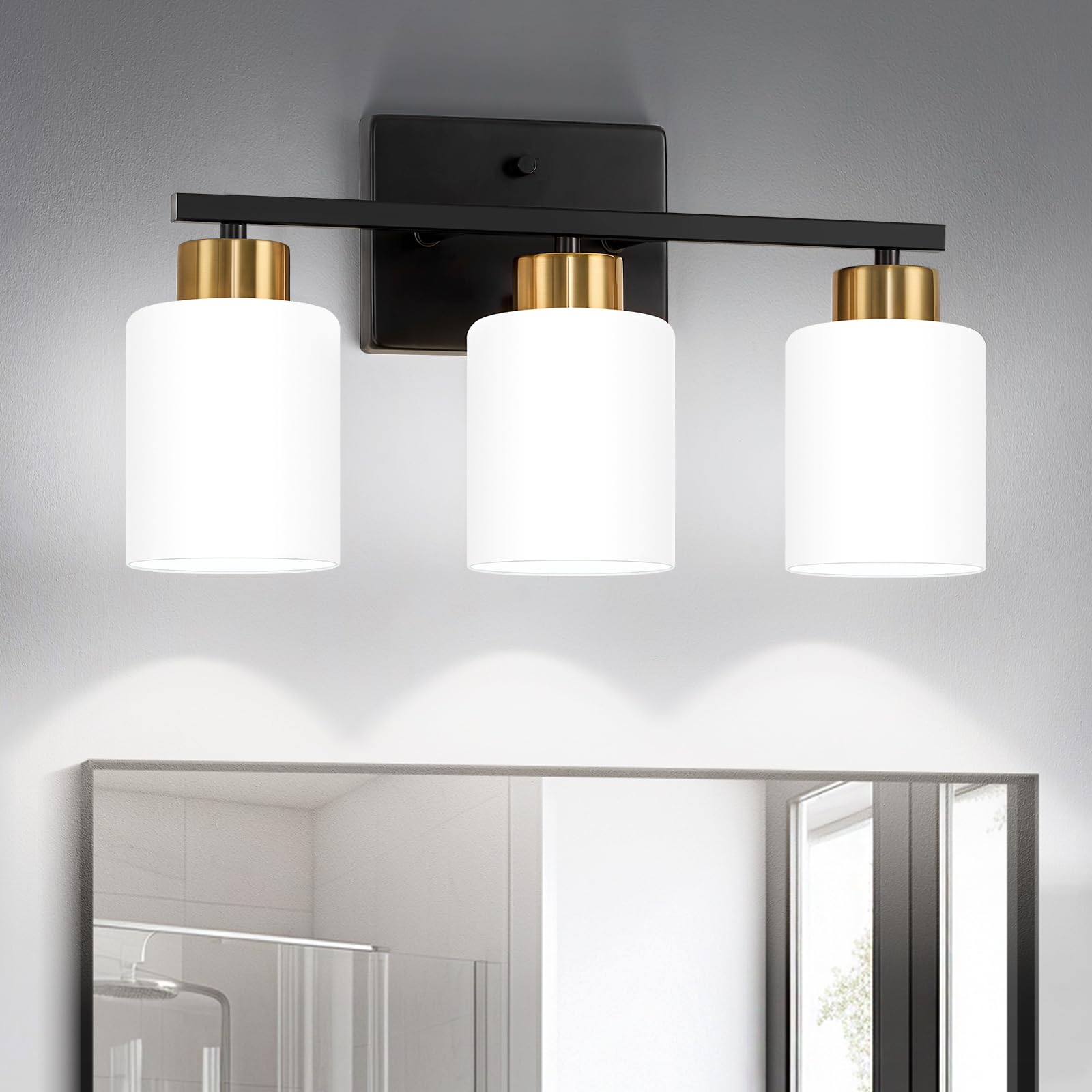 Fonmyim Black And Gold Bathroom Light Fixtures, 3-Light Modern Vanity Light Over Mirror, Wall Sconces With Milky White Frosted G