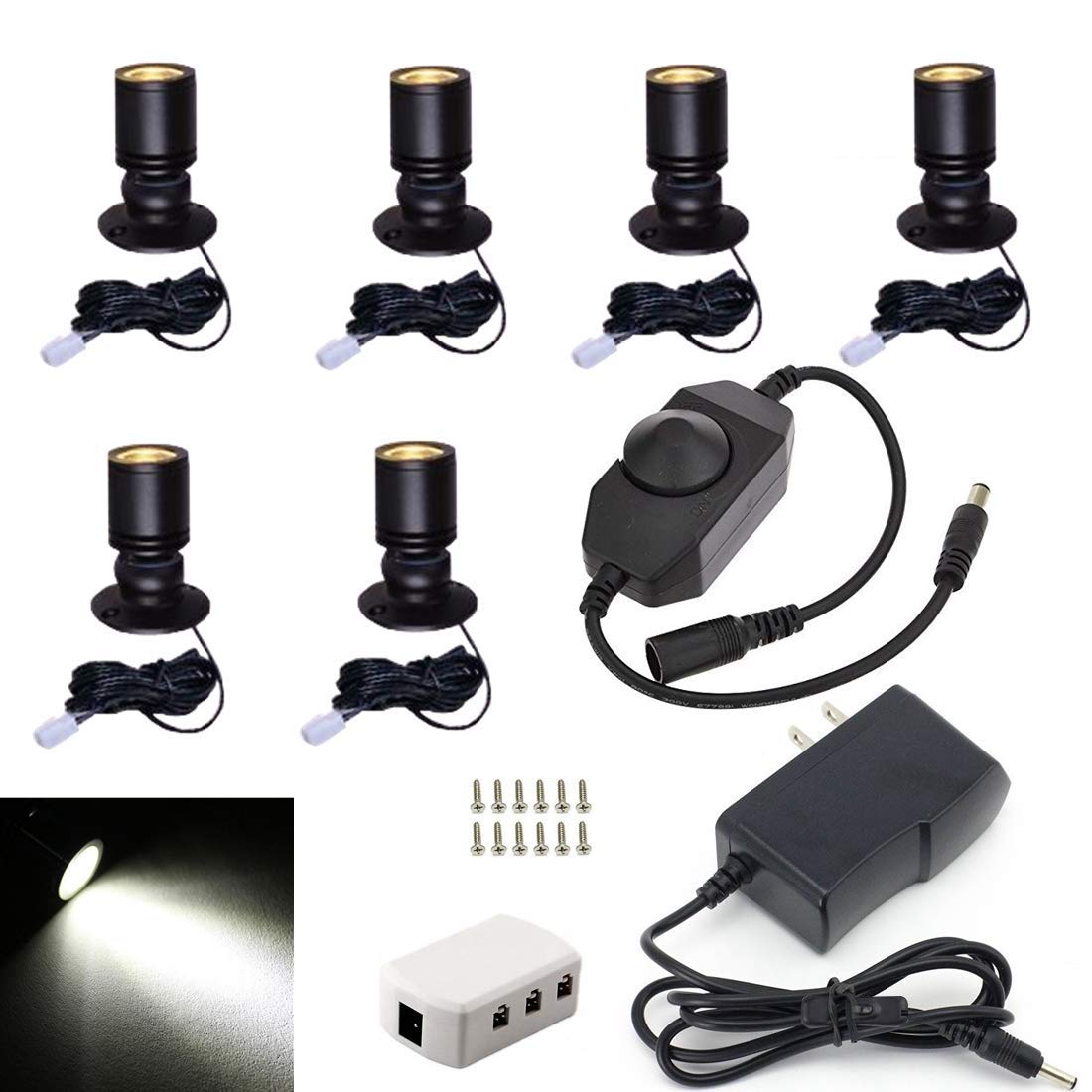 Jorunhe 1.5w LED Mini Surface Mounted Light Jewelry Cabinet Lamp Spotlight with Online PWM Dimmer (Pack-6,Cold White 6000k)