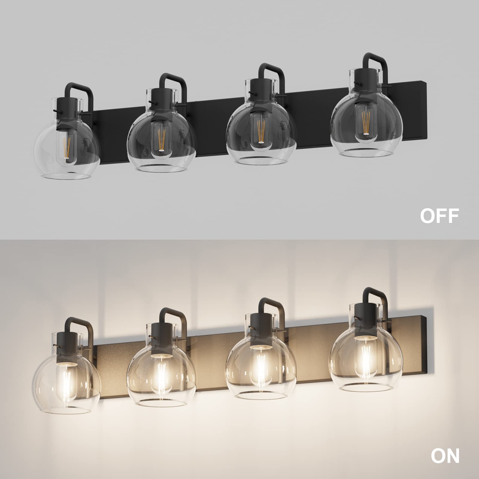 Tipace Black 4-Light Industrial Bathroom Vanity Light Fixture With Glass Globe - Vintage Farmhouse Design